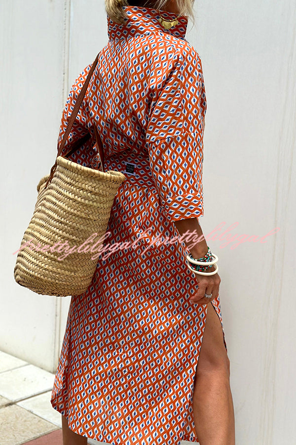Summer Splendor Printed Button Half Sleeve Belt Loose Shirt Midi Dress - Flowy Boho Chic Outfit for Beach Vacation, Date Night & Casual Wear
