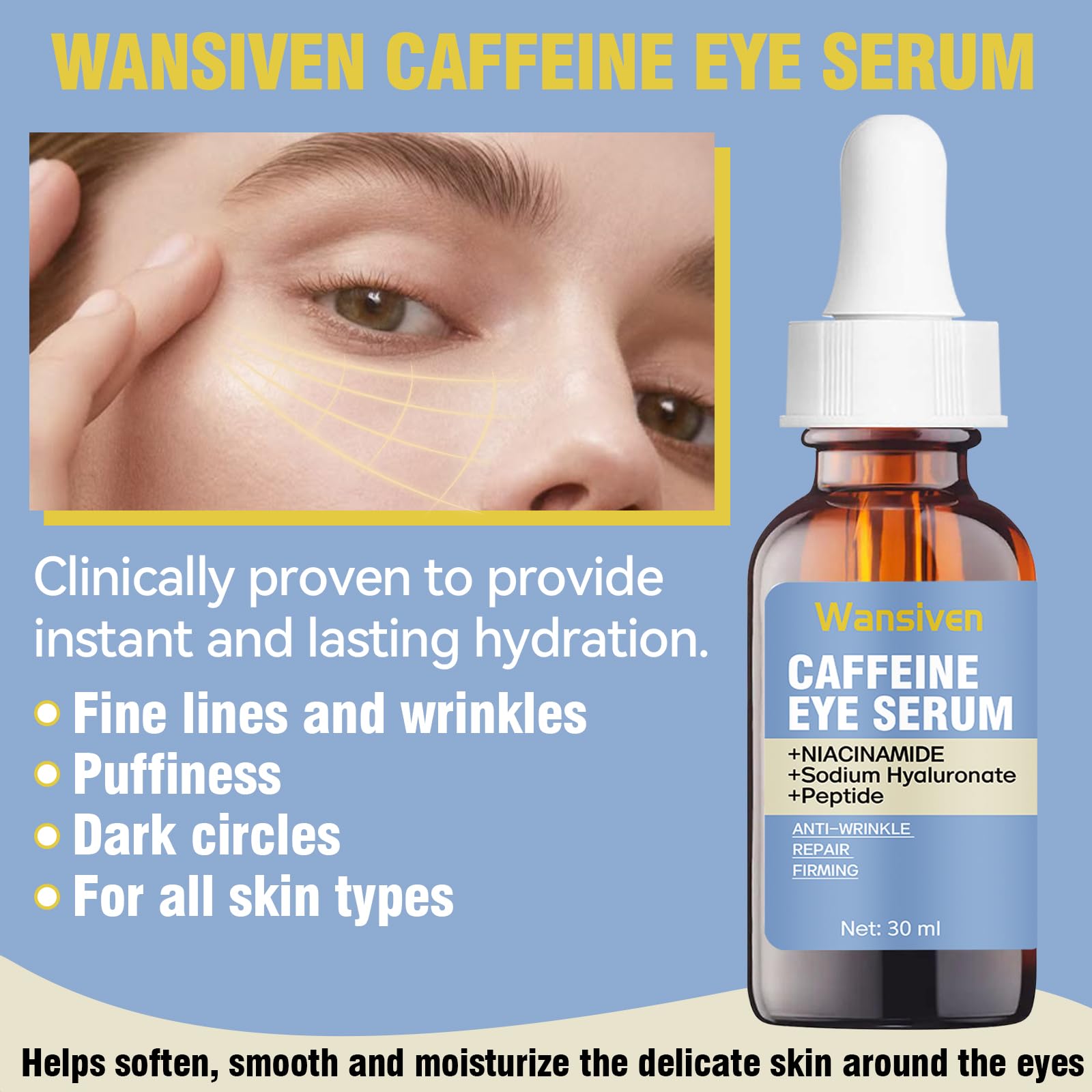 Wansiven Caffeine Eye Serum for Dark Circles & Puffy Eyes - Anti Wrinkle Repair, Lifting & Smoothing Eye Cream with Hyaluronic Acid & Niacinamide - Skincare for Men & Women, 30 ml - Perfect for Morning & Night Routine, Travel & Daily Use
