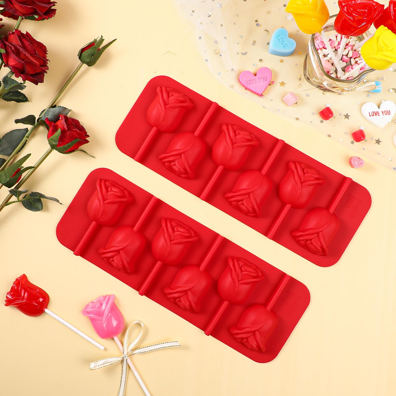 Webake 3D Rose Lollipop Molds - 2Pcs Silicone Chocolate Candy Molds with Sticks for DIY Cupcake Decorations, Homemade Suckers & Chocolate Making - Perfect for Birthday Parties, Wedding Favors & Candy Gifts