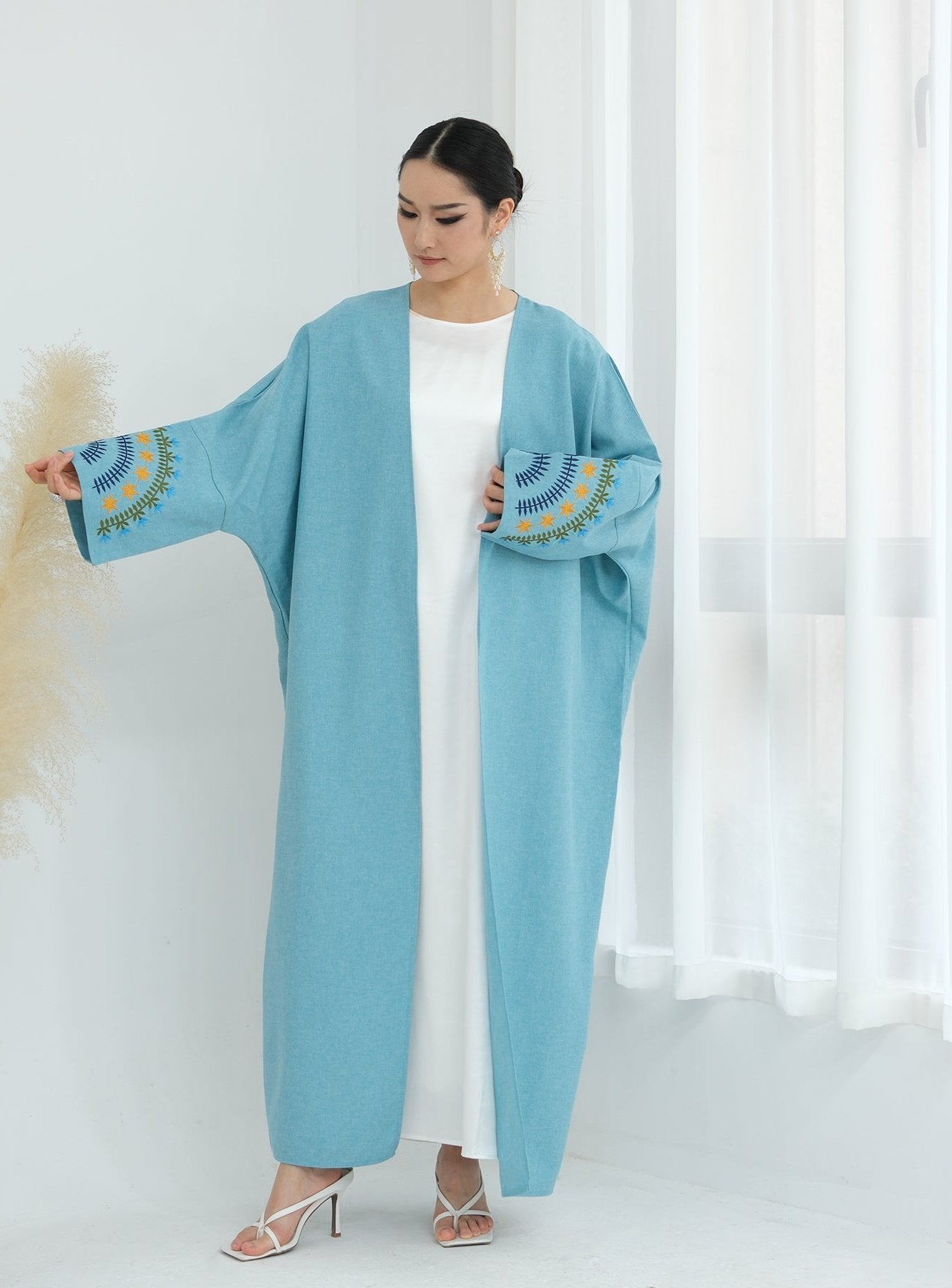 Carin Embroidered Kimono Duster Jacket - Duck Blue | Lightweight Cover-Up for Women | Perfect for Beach, Vacation & Boho Outfits