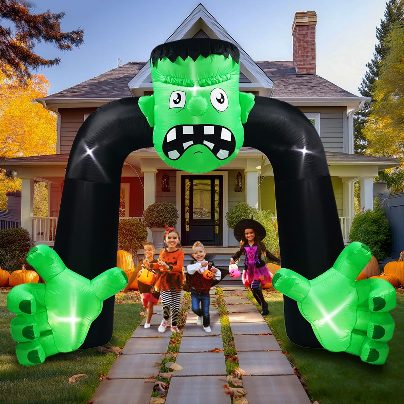 9FT Tall Halloween Inflatables Archway with Frankenstein - Outdoor Yard Decoration with Built-in 5 LED Lights, Blow Up Inflatable Arch for Spooky Halloween Party Decorations, Haunted House Entrance, and Trick-or-Treat Display