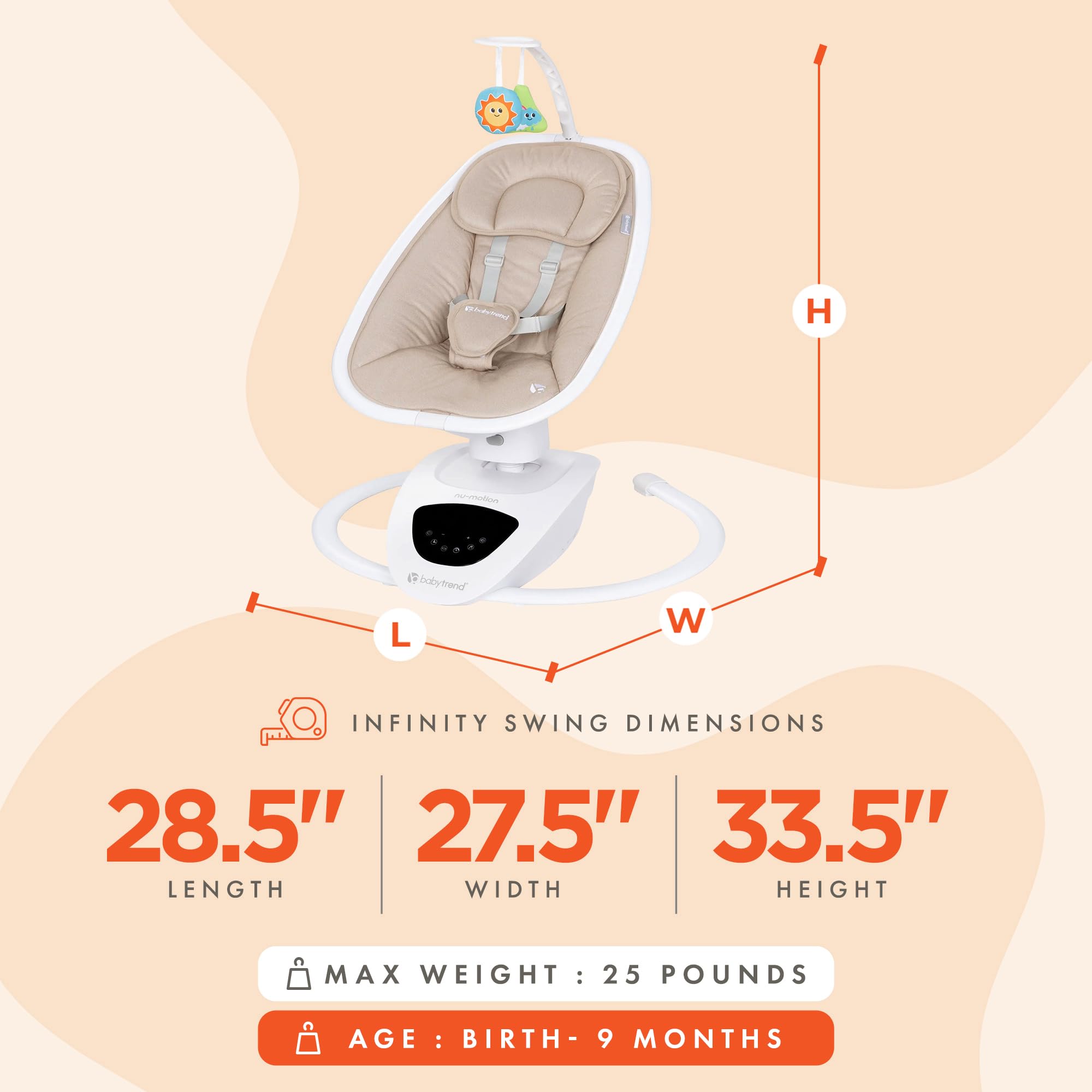 Baby Trend NuMotion Infinity Swing - Auto Gliding Baby Swing with 6 Speeds & Soothing Sounds, Dash Tan | Perfect for Newborns & Infants, Ideal for Nursery, Living Room & Travel