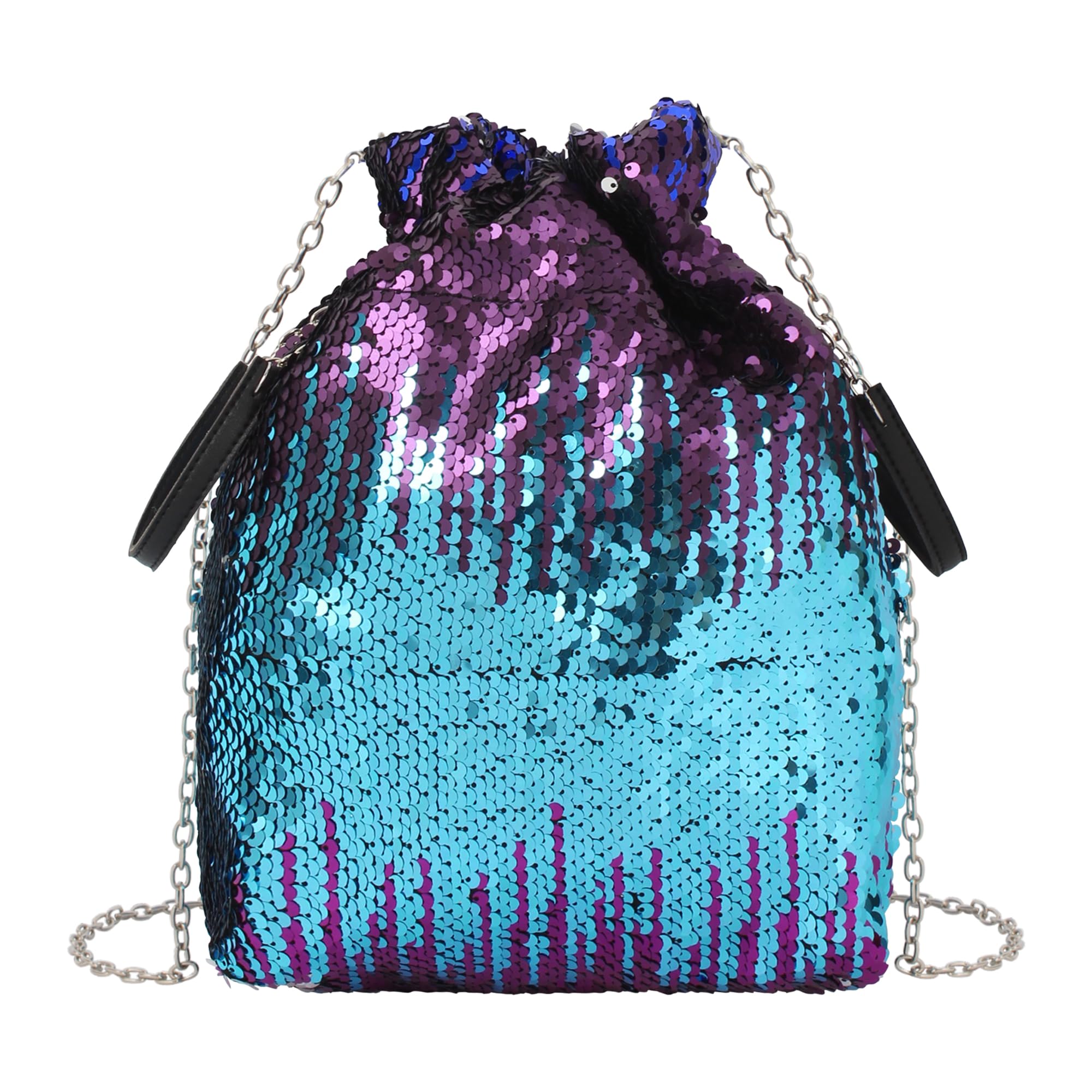 Women's Small Mermaid Sequins Drawstring Bucket Bag with Chain - Crossbody Shoulder Bag & Top Handle Purse for Party, Beach, Travel & Everyday Use