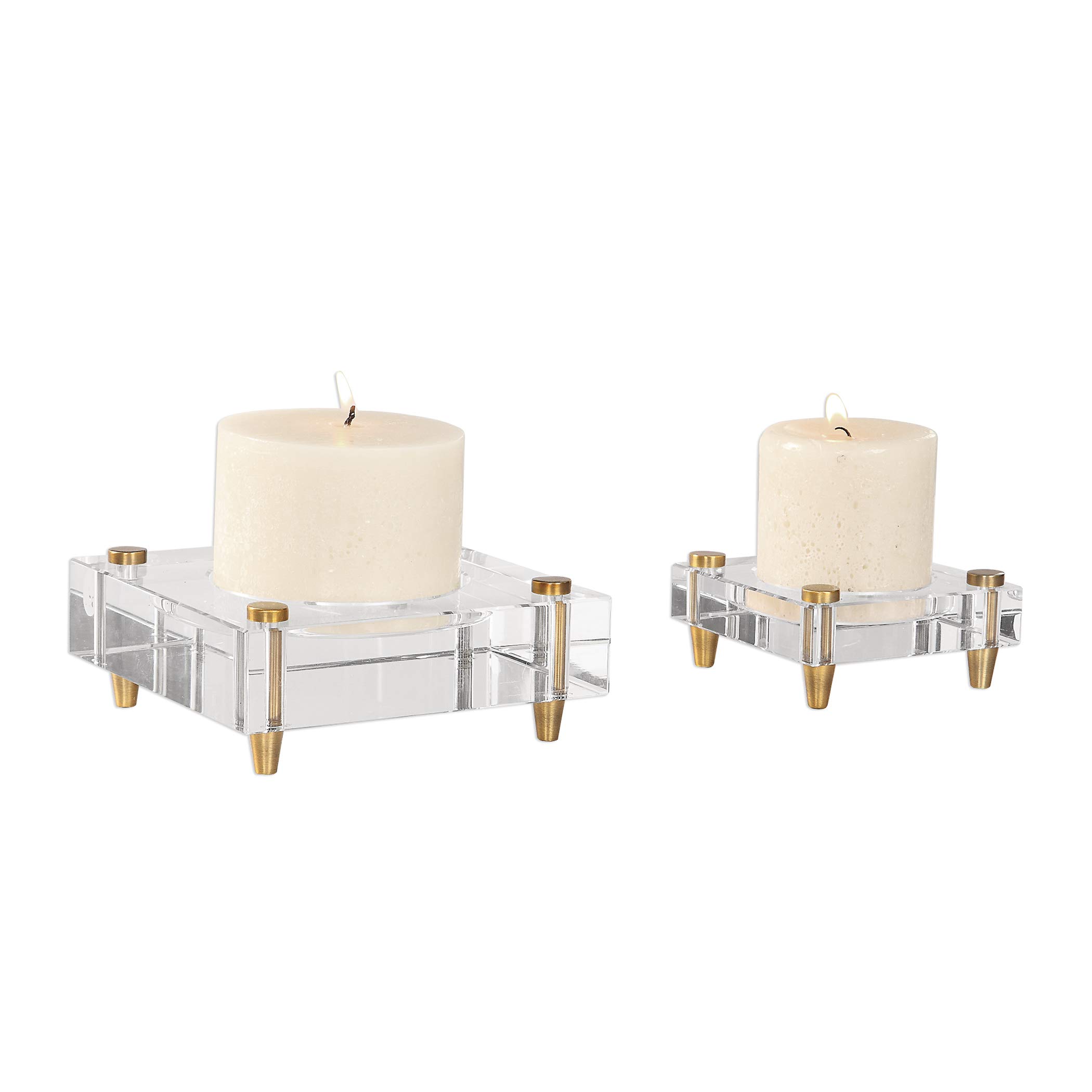 Luxury Minimalist Crystal Block Candle Holder Set of 2 - Square Gold Pillar Candle Stand for Wedding, Home Decor, Table Centerpiece, Romantic Dinner & Spa Ambiance