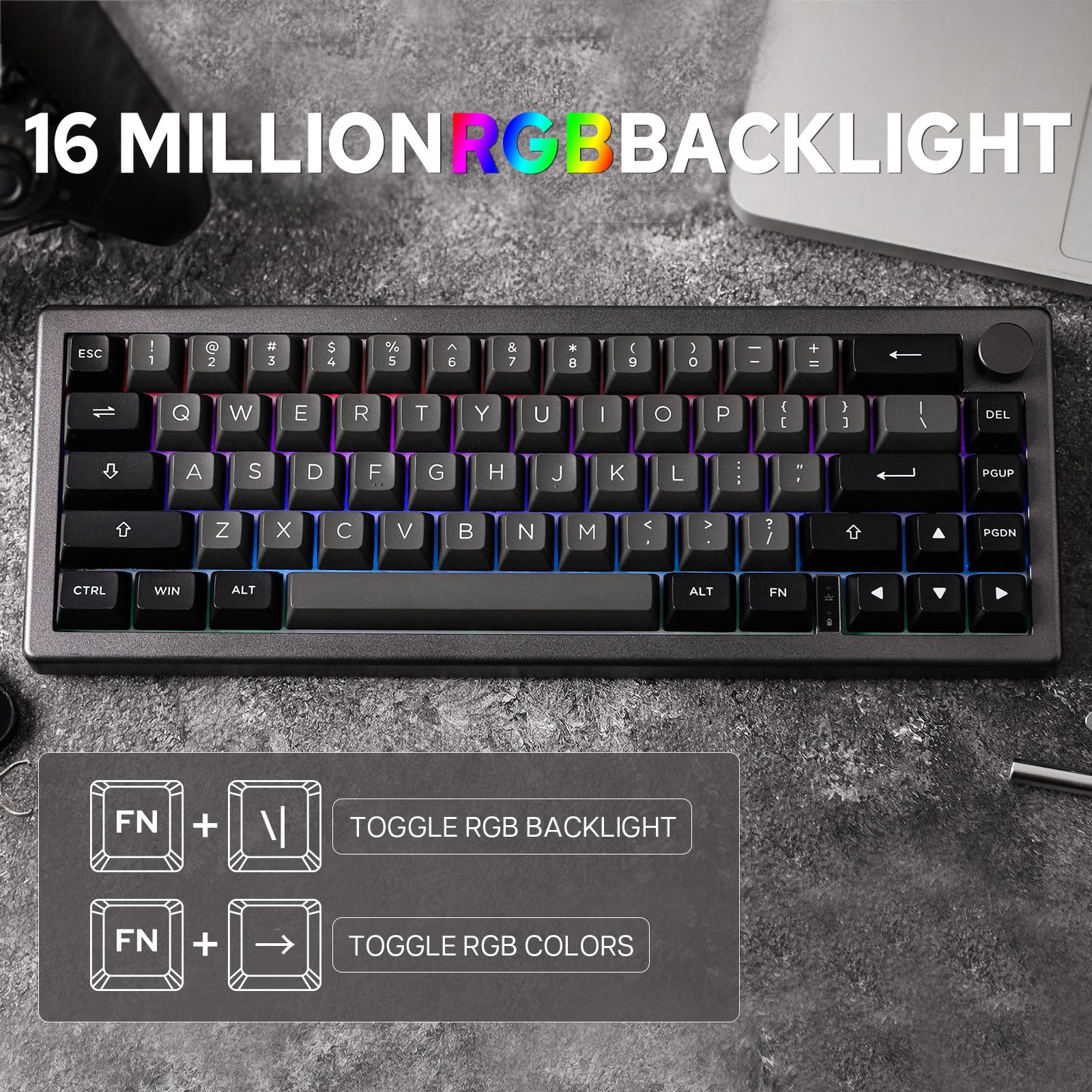 EPOMAKER EK68 65% Wireless Mechanical Gaming Keyboard - Hot Swappable Gasket Mount, Bluetooth 5.0/2.4Ghz/USB-C Wired, Customizable Metal Knob (Black Silver, Budgerigar Switch) - Perfect for Esports, Office Work & Typing Enthusiasts