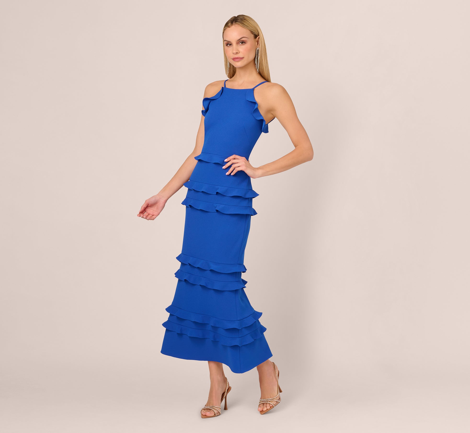 True Blue Sleeveless Crepe Flounce Midi Dress - Women's Elegant Party & Summer Cocktail Attire