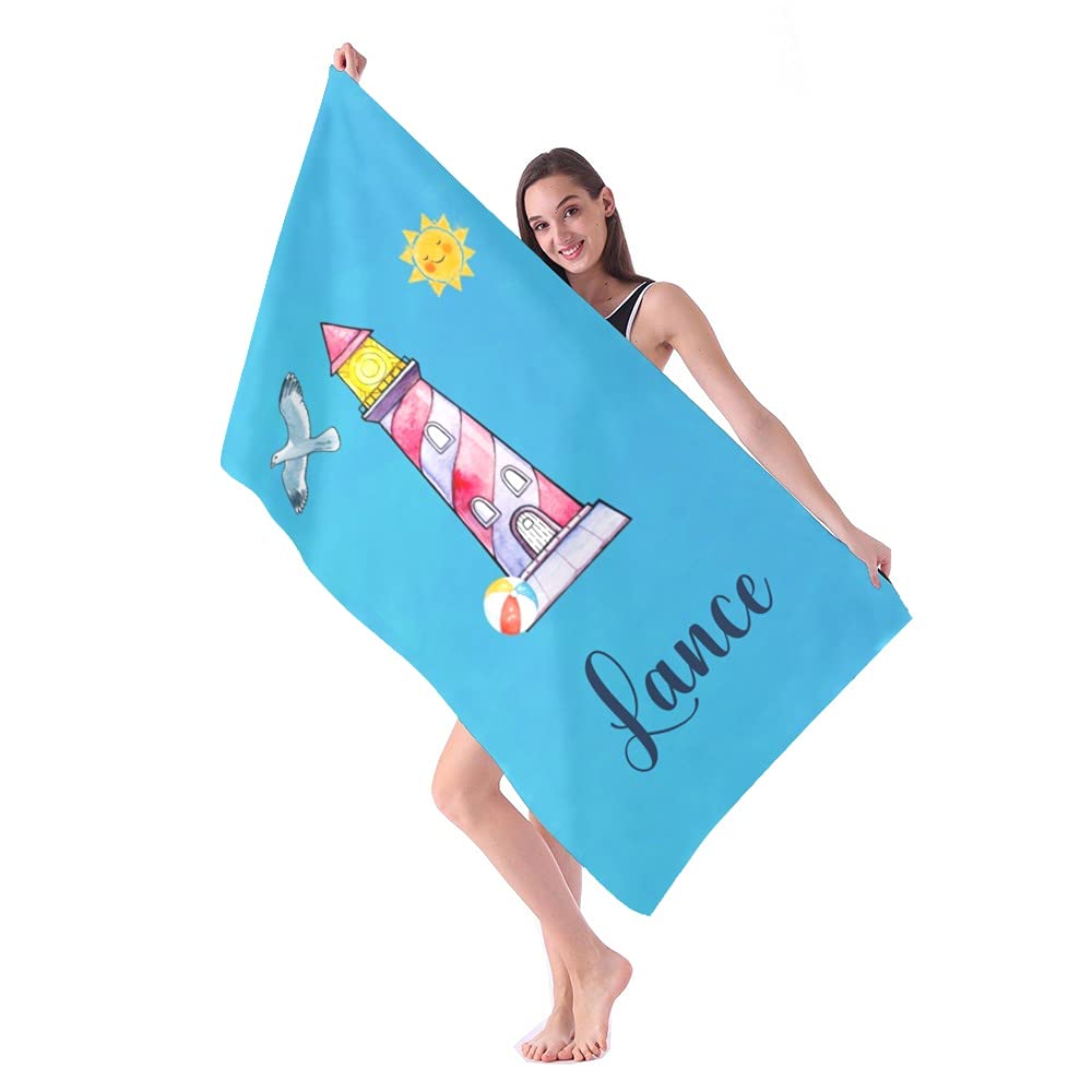 Custom Personalized Beach Towels with Name - Watercolor Lighthouse Design, Quick Dry Absorbent Microfiber (30x60 inches) for Pool, Bath, Sand & Sun Protection - Ideal for Kids, Girls, Boys & Adults | Perfect for Beach Vacations, Pool Parties & Summer Outdoor Activities