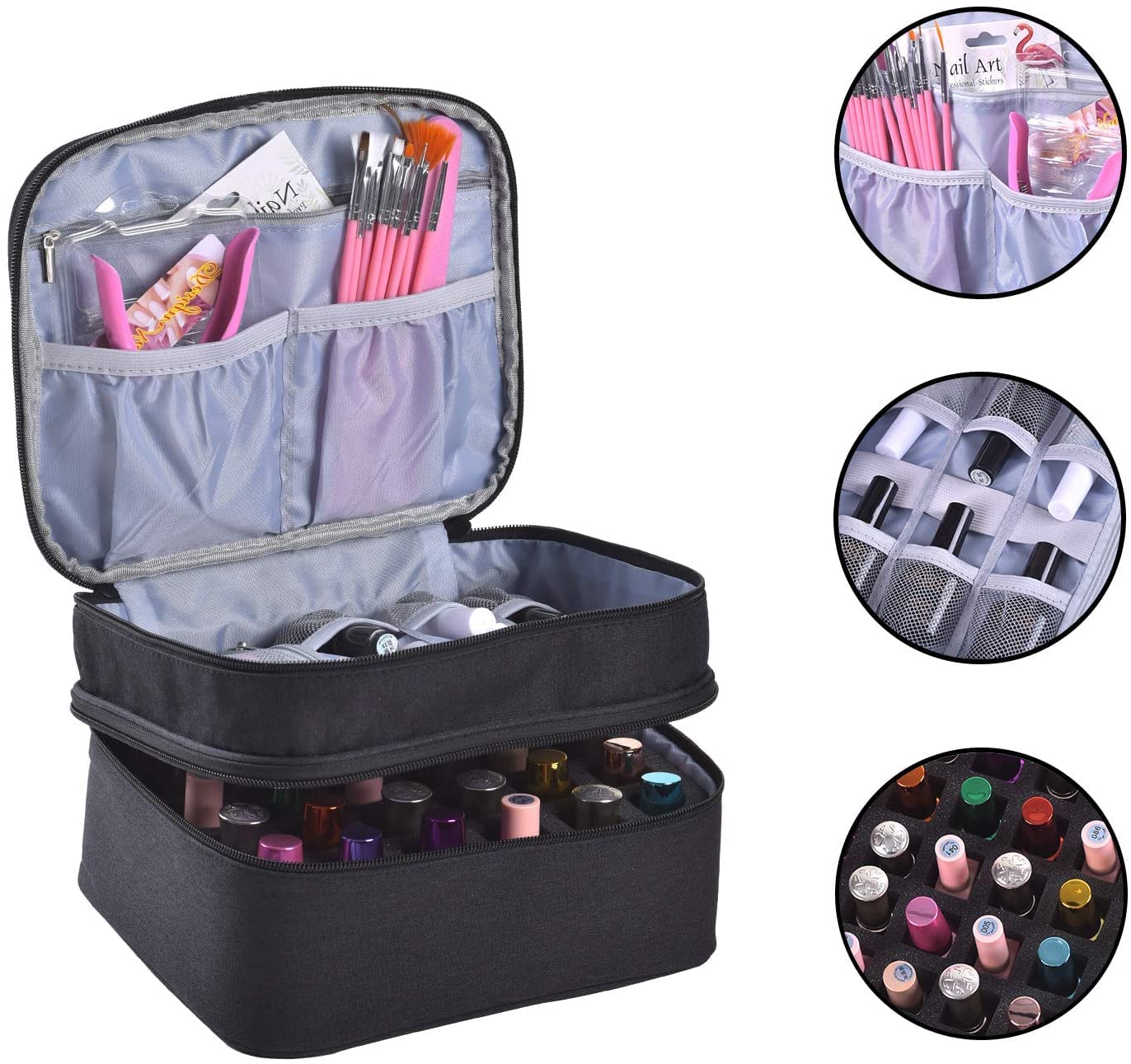30 Bottles Nail Polish Organizer - Double Layer Nail Varnish Storage Case with Handle | Portable Nail Supply Organizer for Salon, Travel & Home Use (Black)