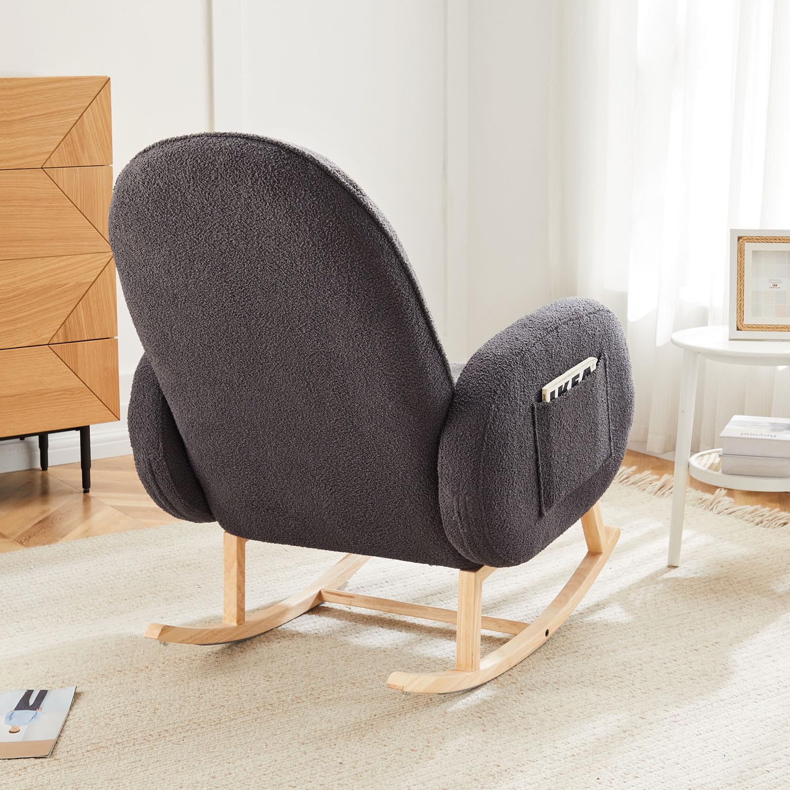 Comfortable Upholstered Rocking Chair with Side Pocket - Rubber Wood Legs Glider Accent Chair for Nursery, Living Room & Bedroom | Perfect for Nursing, Relaxing & Reading