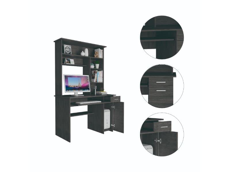 Weston 180 Two Computer Desk with Hutch - Retractable Keyboard Tray, Storage Drawer, CPU Stand & 6 Open Shelves in Smokey Oak Finish | Perfect for Home Office, Gaming Setup & Small Workspace