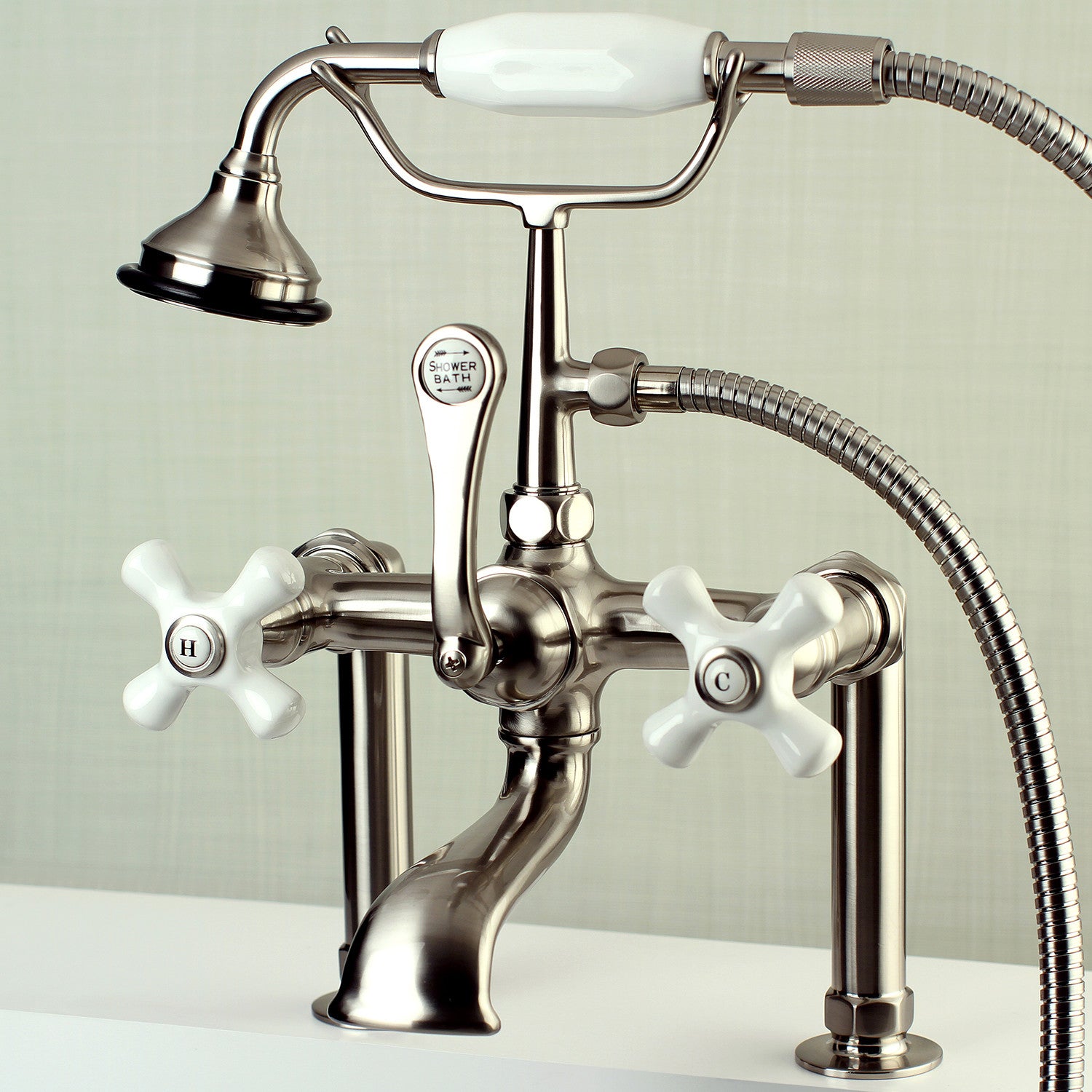 Vintage Style 3-Handle 2-Hole Deck Mount Clawfoot Bathtub Faucet with Hand Shower in Brushed Nickel - Perfect for Classic Bathroom Renovations & Luxury Spa Experience