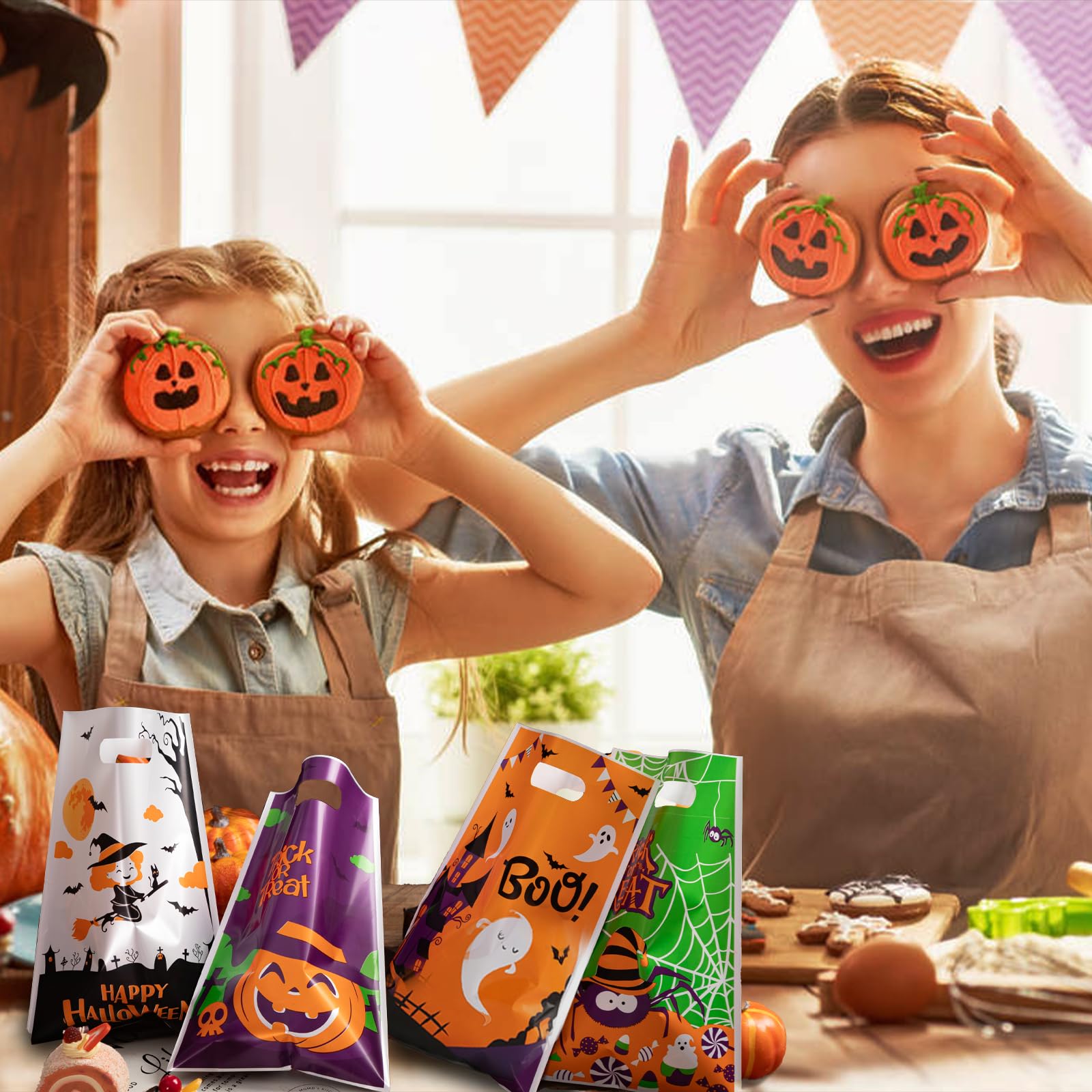 Jocomoni 100Pcs Halloween Goodie Bags with Handles - Plastic Trick or Treat Candy Bags for Halloween Party Favors & Supplies - Perfect for Classroom Treats, Neighborhood Trick-or-Treating & Halloween Events