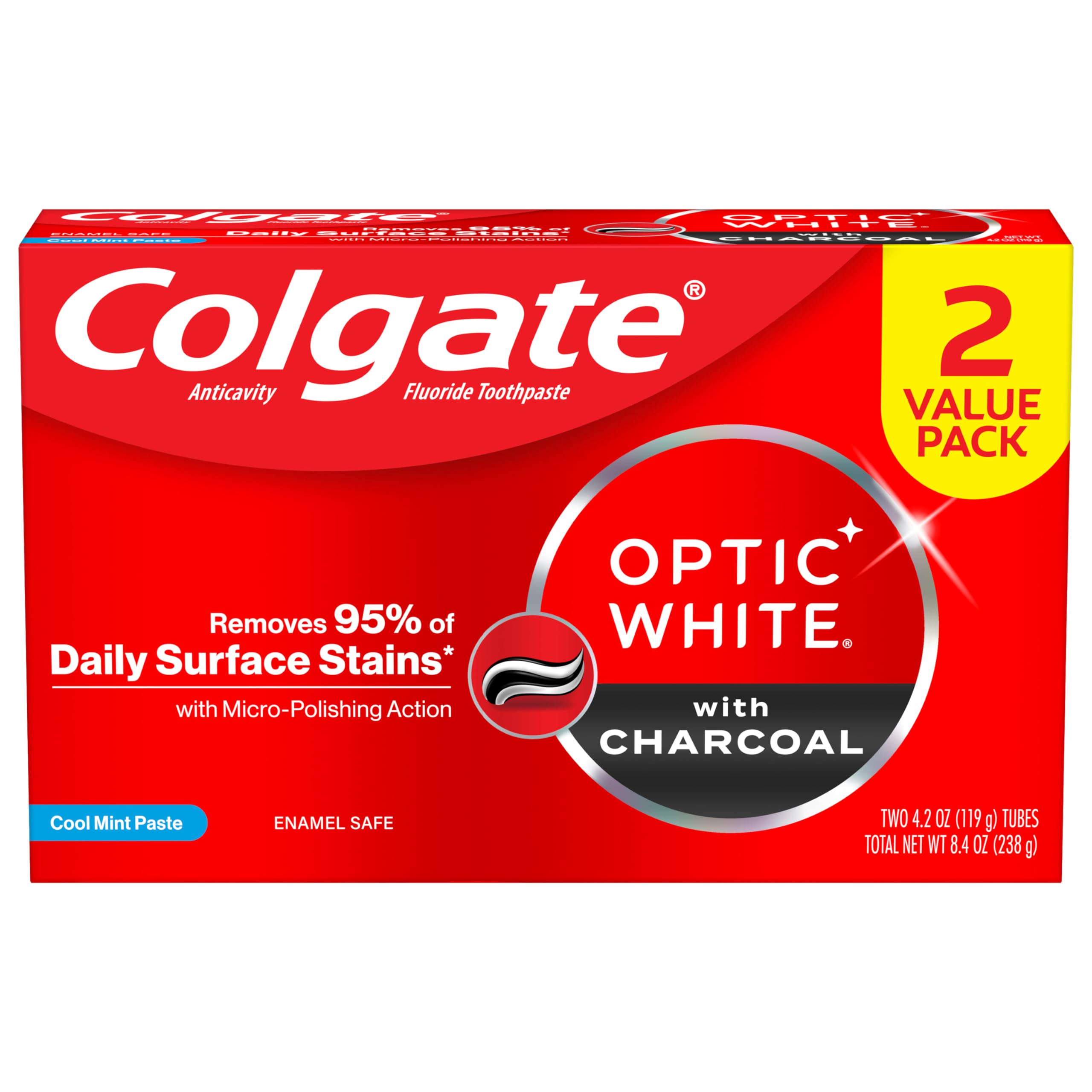 Colgate Optic White Charcoal Whitening Toothpaste - Cool Mint Flavor, Enamel-Safe with Fluoride, 2 Pack (4.2oz Tubes) | Teeth Stain Removal & Fresh Breath for Daily Oral Care