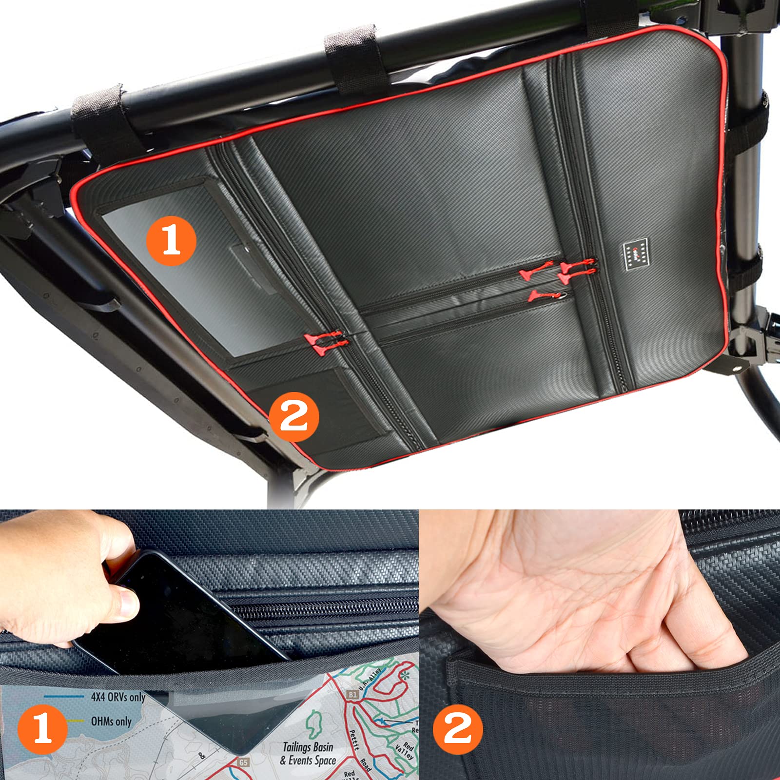 Goldfire Overhead Storage Bag - Universal Roof Top Organizer for Polaris RZR XP 1000 (2 & 4 Seat All Years) - Durable Tool Gear Bag with Red Piping - Perfect for Off-Road Adventures, Camping & Outdoor Storage