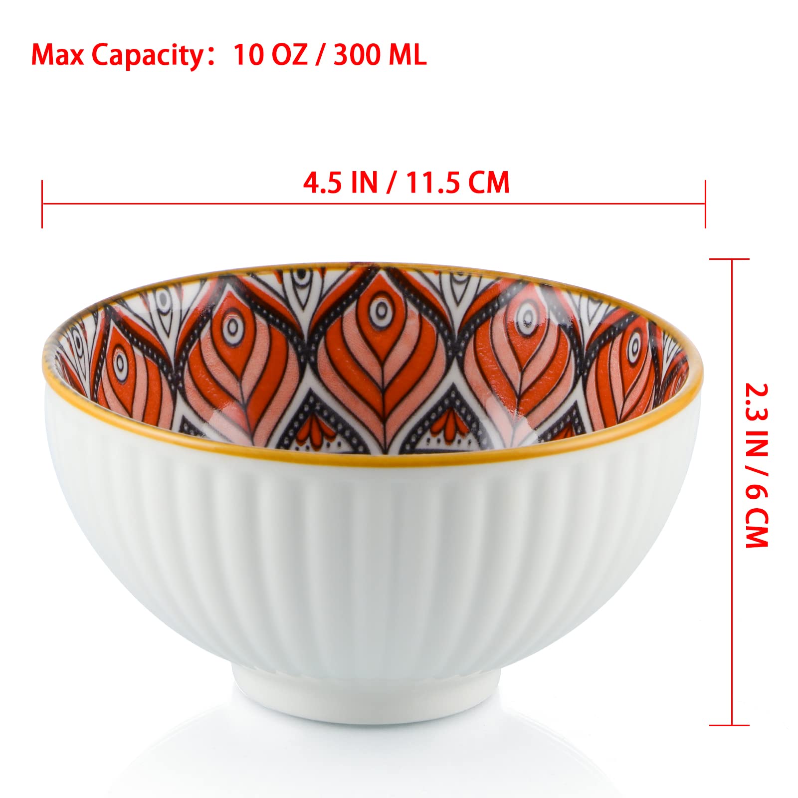 10 oz Ceramic Rice Bowls Set of 6 - Bohemian Style Dinnerware for Soup, Cereal, Dessert, Snacks & Fruit - Geometric Pattern Serving Bowls for Home, Restaurant & Gift Giving