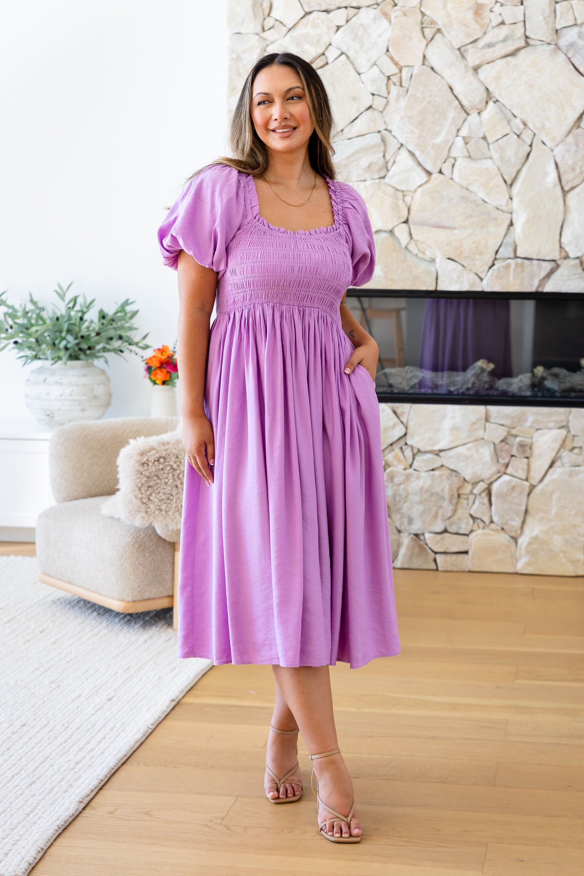 Stelle Linen Blend Midi Dress in Berry - Flowy Summer Dress for Women, Casual & Elegant - Perfect for Beach Vacations, Brunch Dates & Summer Weddings