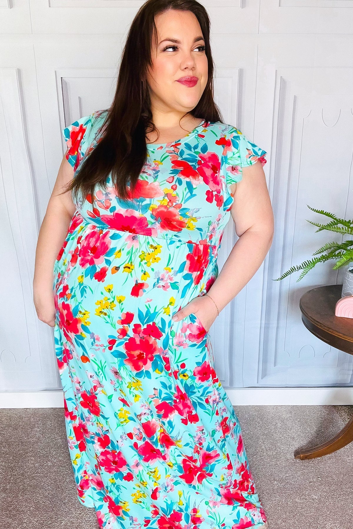 Aqua Floral Fit & Flare Maxi Dress for Women - Summer Beach Wedding Party Dress - Flowy Long Dress with V-Neck & Ruffle Hem