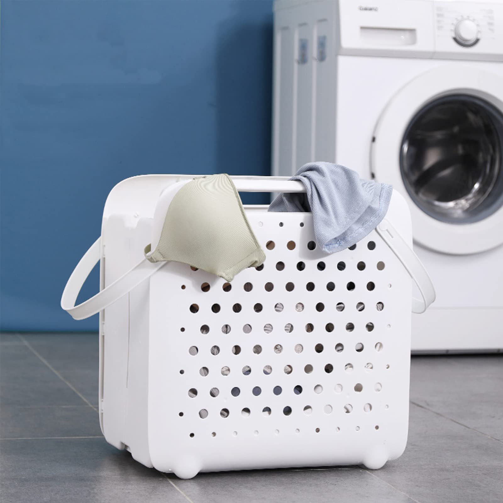 Collapsible Plastic Laundry Basket with Handles - Ventilated White Clothes Hamper for Laundry Room & Bathroom Storage | Portable Clothing Organizer for Home, Dorm, Camping & Travel
