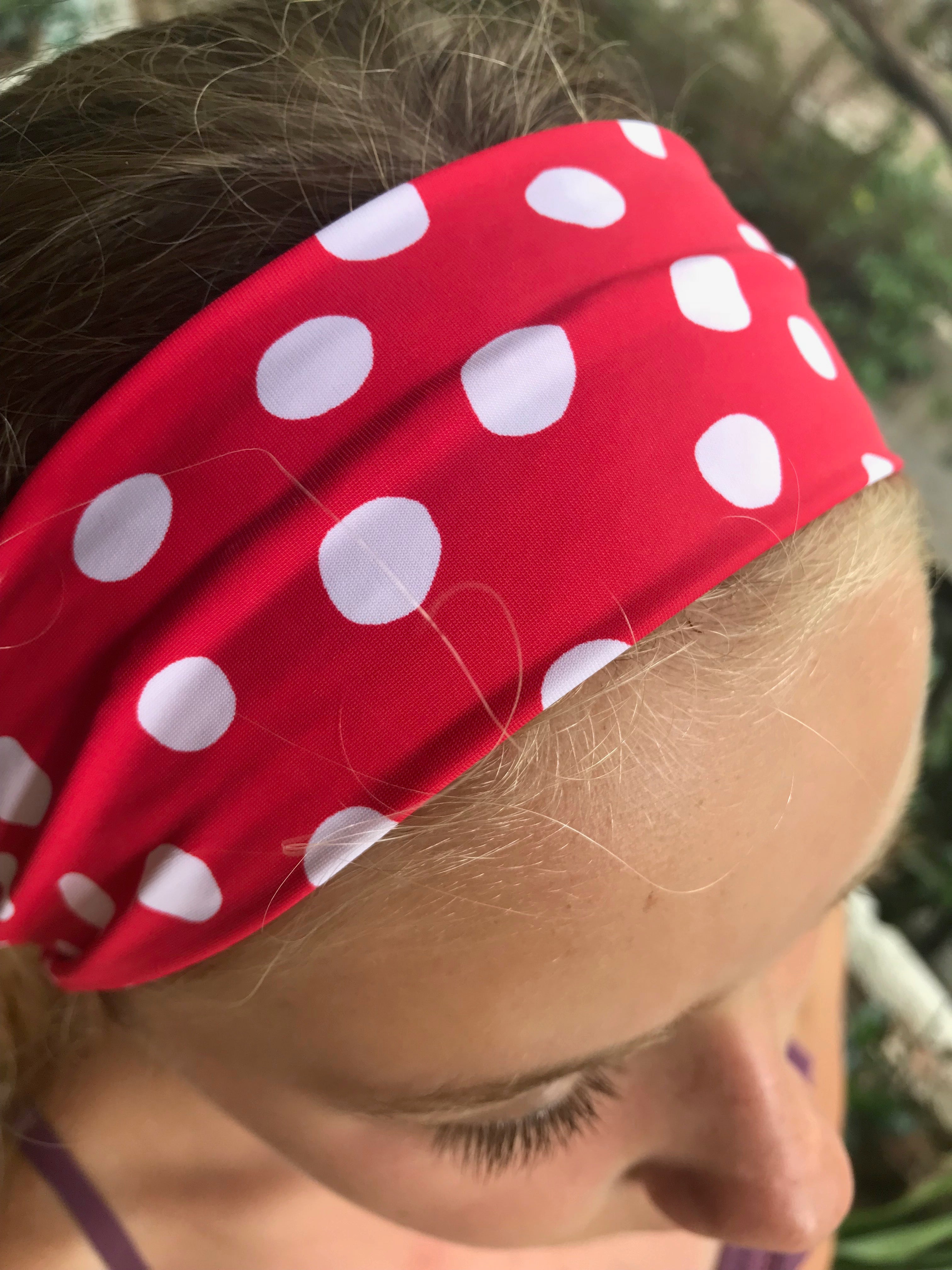 Red and White Polka Dot Sports Headband for Women - Sweat Absorbent Workout Headband for Running, Yoga, Tennis & Gym - Non-Slip Hairband for Active Lifestyles