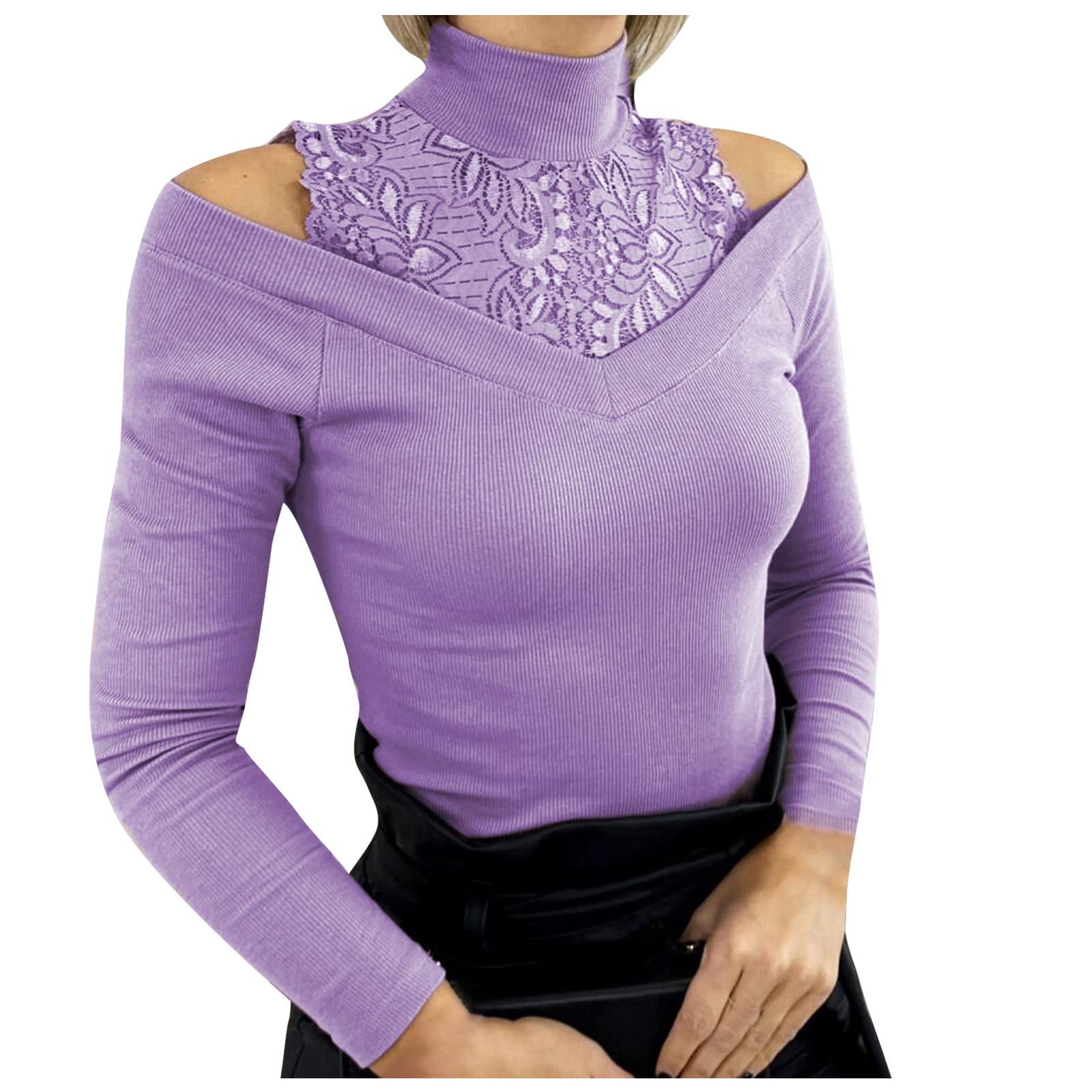Women's Lace Patchwork Cold Shoulder Sweater - Slim Fit Knit Pullover for Party & Office
