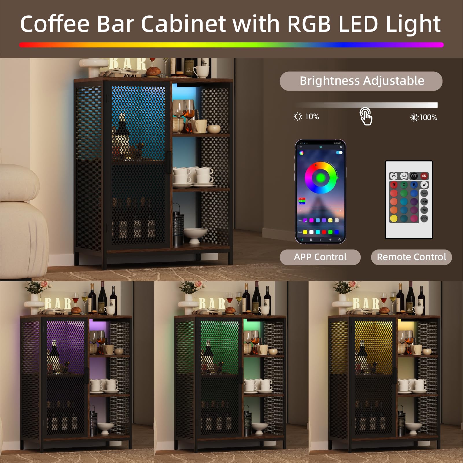 Redlife LED Mini Bar Cabinet with Storage - Modern Home Liquor Cabinet, Coffee Bar & Buffet Storage for Kitchen, Living Room, or Dining Room - Perfect for Entertaining Guests & Organizing Drinks