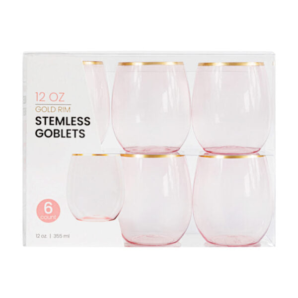 12 oz. Pink Stemless Wine Glasses with Gold Rim - Set of 6 | Elegant Drinkware for Parties, Weddings & Home Entertaining