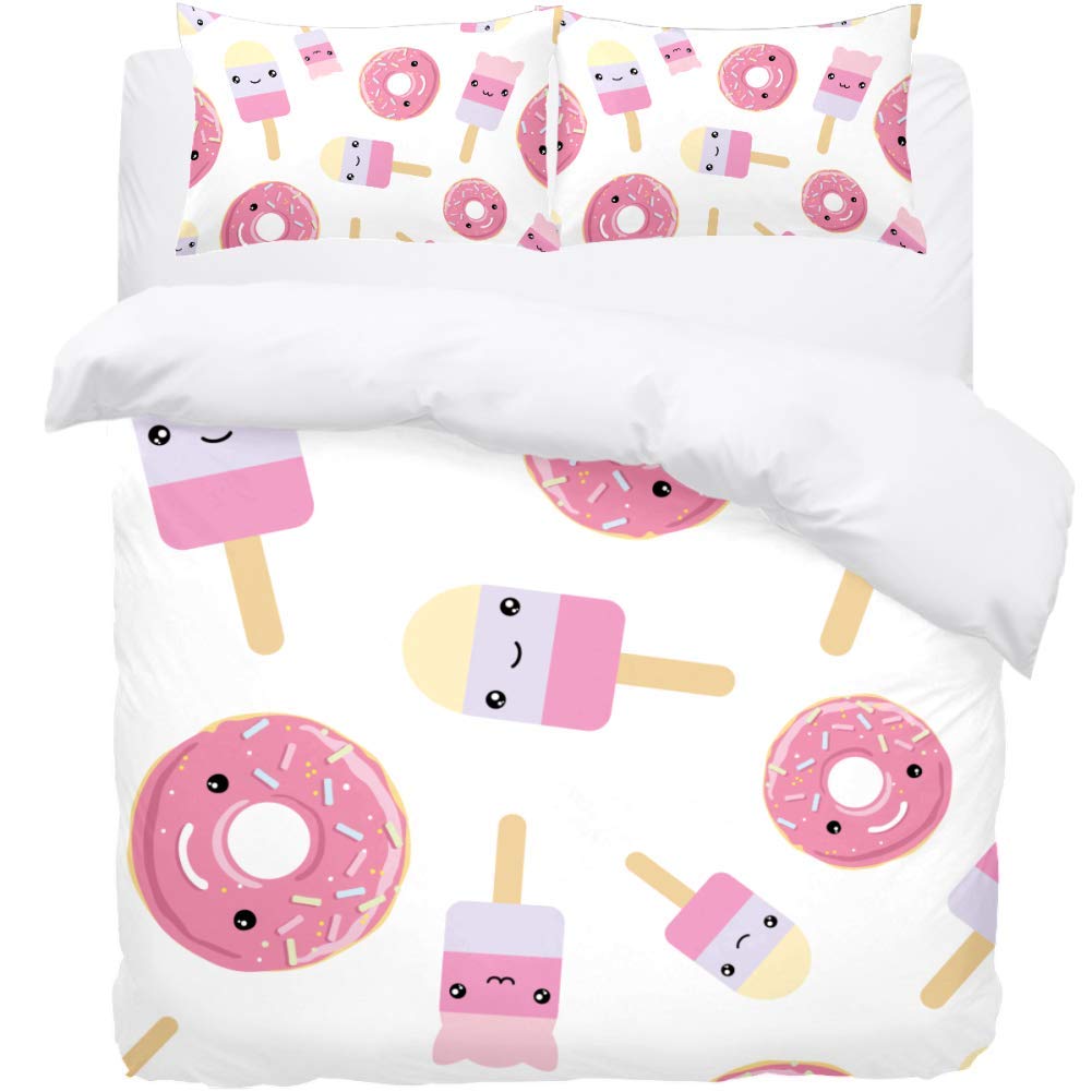 Josid 3-Piece Cute Ice Cream & Pink Glazed Donuts Bedding Set - King Size Cartoon Duvet Cover for Kids, Girls, Boys | Perfect Gift for Daughter, Toddler, Sister & Friend | Soft Bedspread for Nursery, Teen Room & Sleepovers