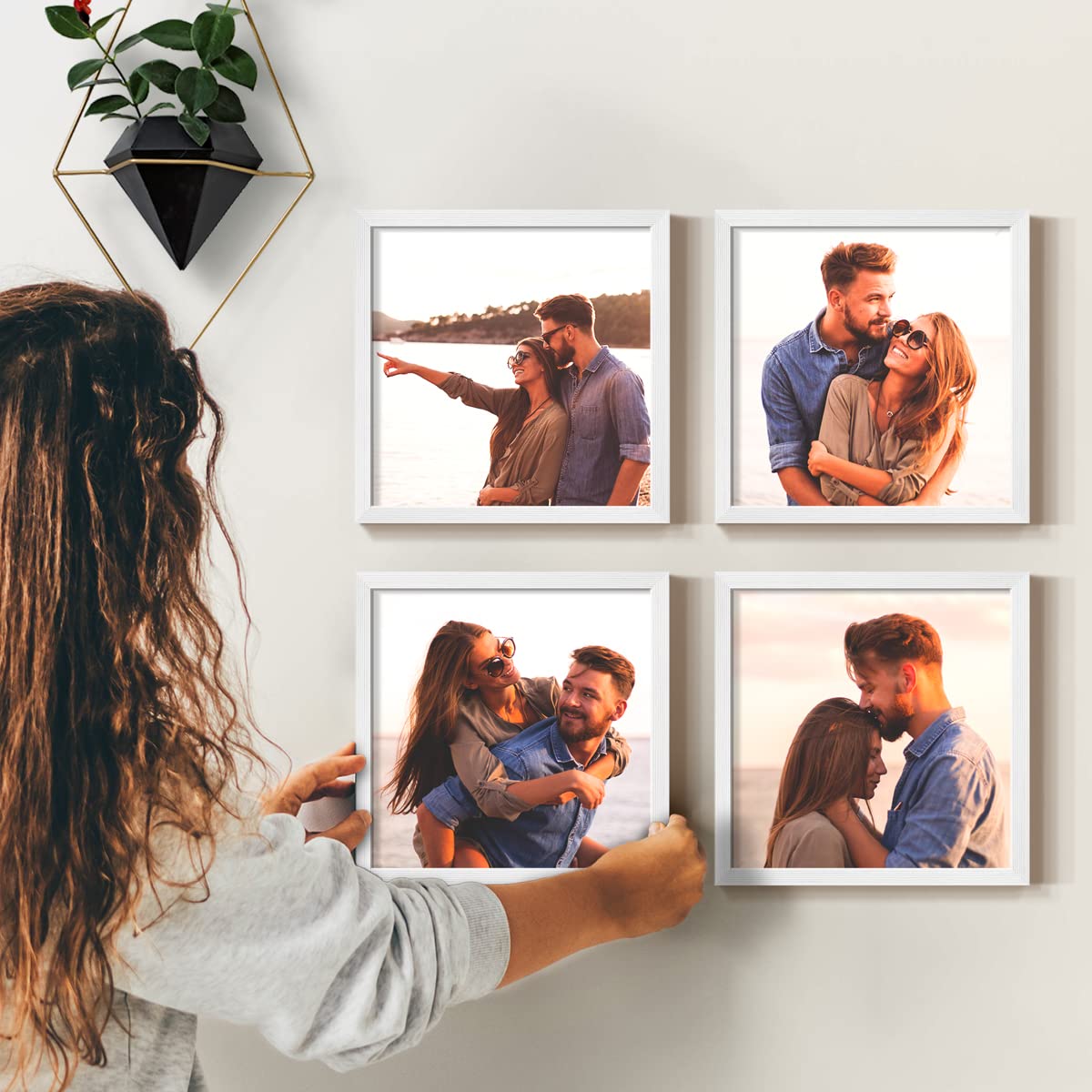 Set of 4 Custom 8x8 Photo Prints with Real Wood Picture Frames - Create Personalized Photo Collage Using Peel & Stick Frames (White) - Perfect for Home Decor, Wall Art, and Gift Giving