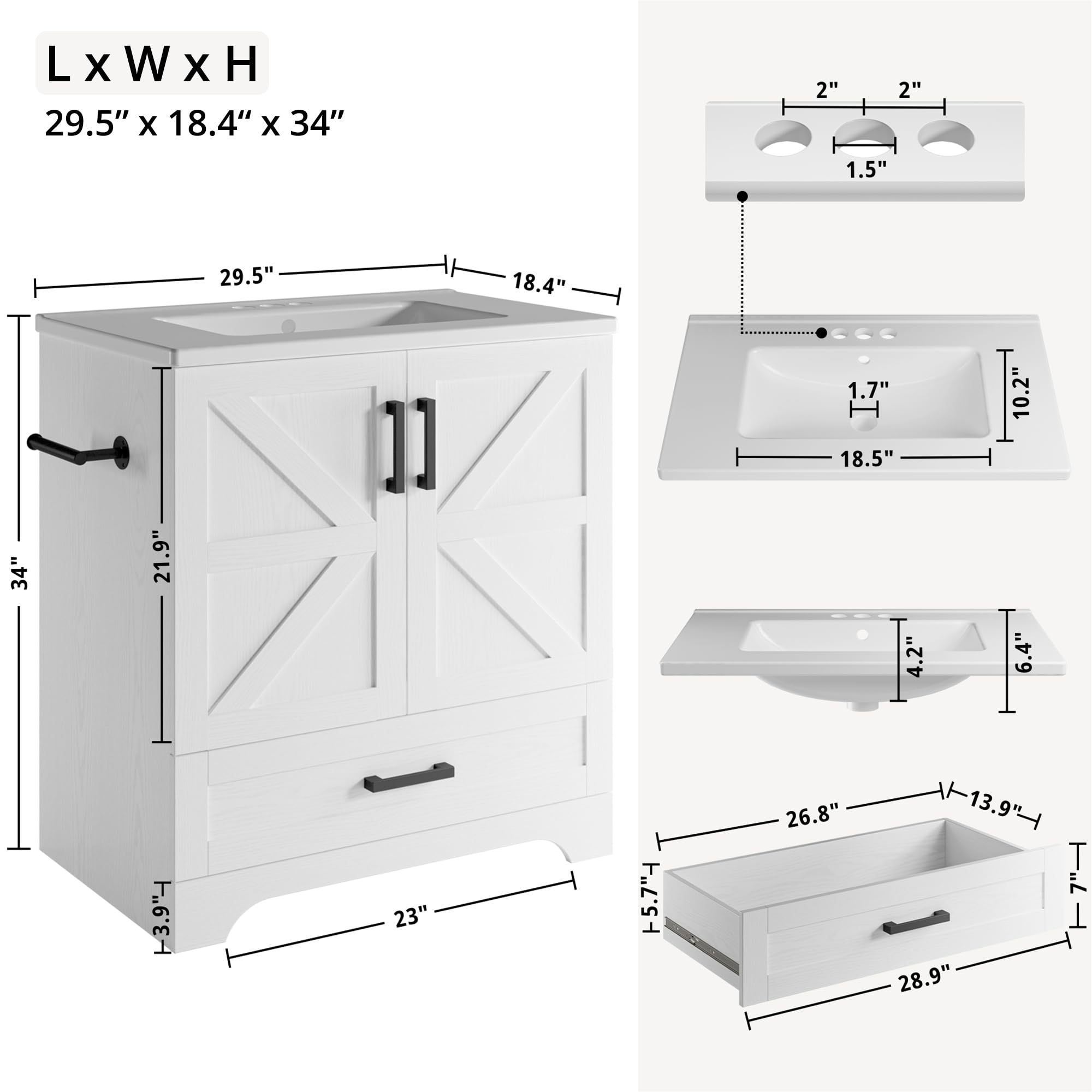 IRONCK 30 Inch Farmhouse Bathroom Vanity with Sink & Drawer - Easy to Assemble Bathroom Sink Cabinet for Modern Farmhouse, Rustic or Traditional Bathroom Decor | Perfect for Master Bath, Guest Bath or Powder Room