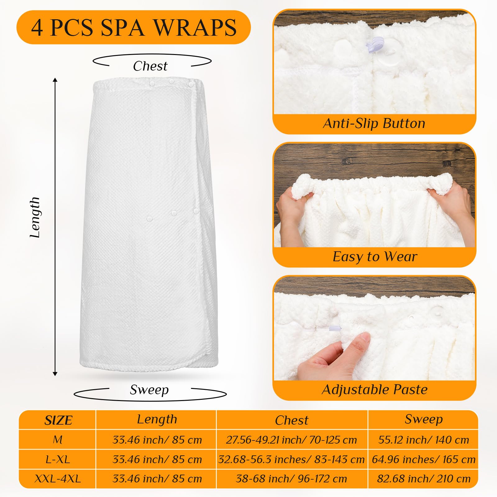 Tigeen 4-Piece Spa Wrap Set for Women - Adjustable Elastic Closure Bath Towel Robe, Lightweight Shower Wrap (Medium, White) | Perfect for Spa Days, Post-Shower Relaxation & At-Home Pampering