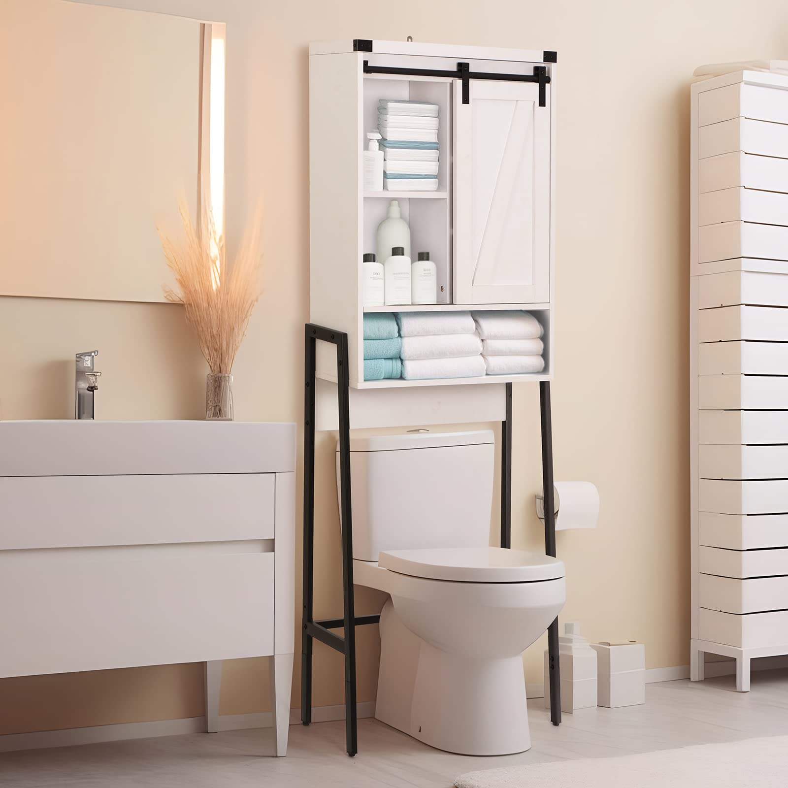 Over The Toilet Storage Cabinet with Adjustable Shelf & Sliding Door - White Bathroom Organizer for Small Spaces | Above Toilet Storage Solution for Towels, Toiletries & Bathroom Essentials