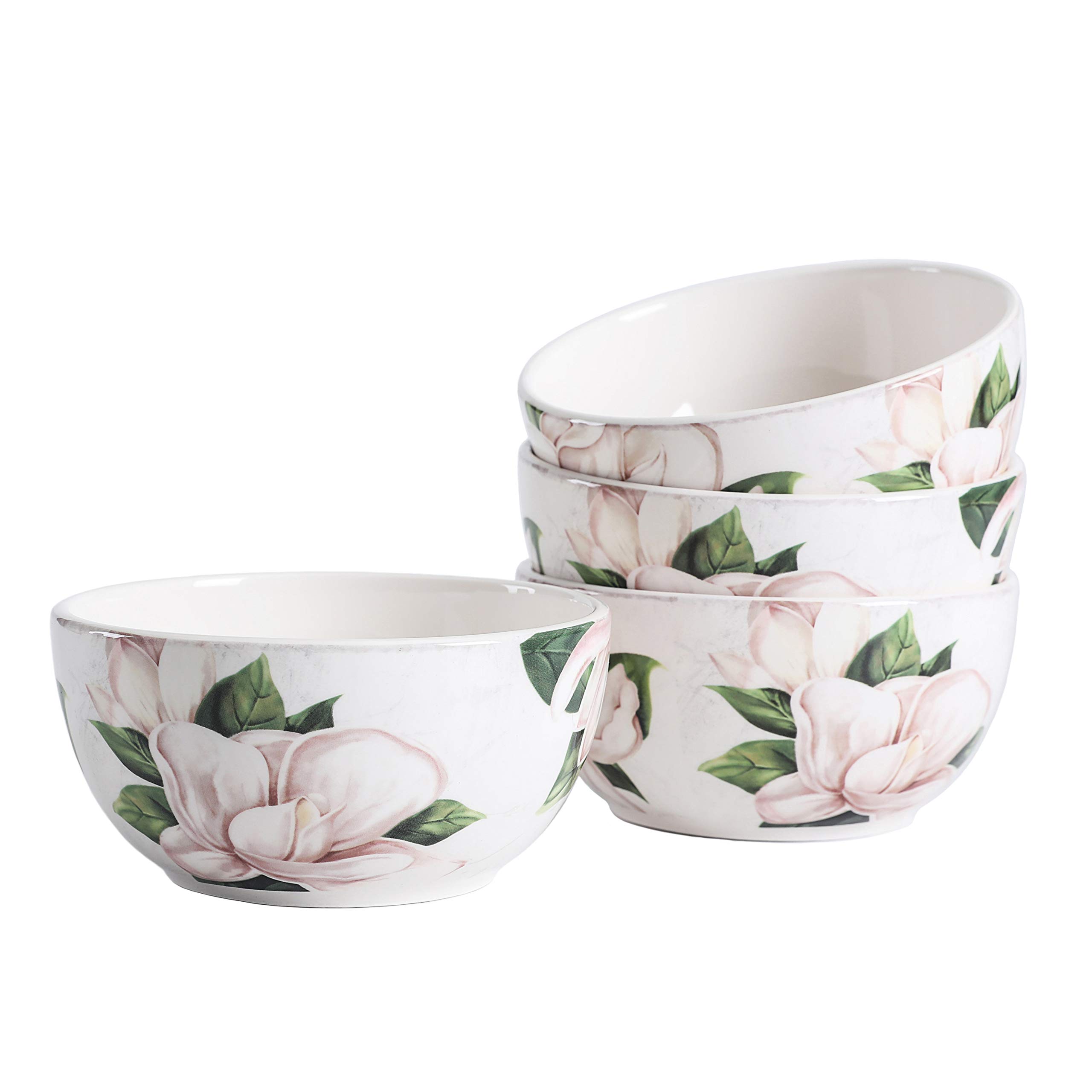 Bico Magnolia Floral Ceramic Bowls Set of 4 (26oz) - Microwave & Dishwasher Safe Pasta, Salad, Cereal & Soup Bowls - Perfect for Dining, Entertaining & Everyday Kitchen Use