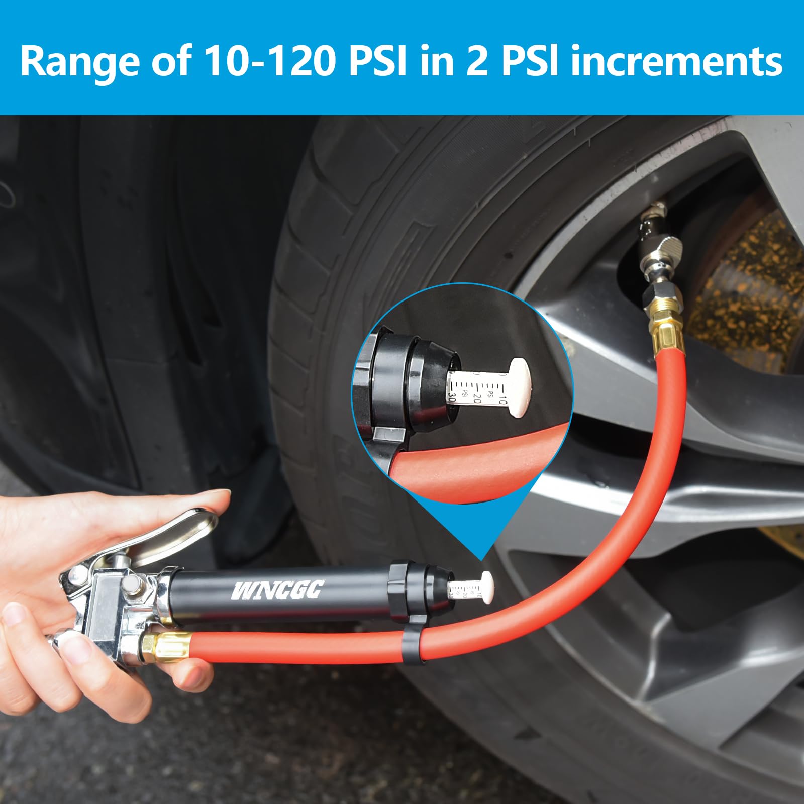 10-120 PSI Heavy Duty Tire Inflator Gauge with Lock-on Air Chuck & 12