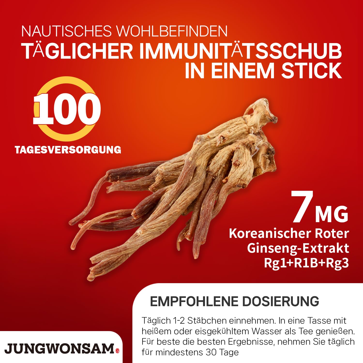 Premium Korean Red Ginseng Extract (6-Year) - 100 Sticks | 7mg Ginsenosides per Stick | Vegan Energy & Immunity Booster | Supports Focus, Fatigue Relief & Daily Vitality for Men & Women | 100-Day Supply | Perfect for Busy Professionals, Students & Active Lifestyles