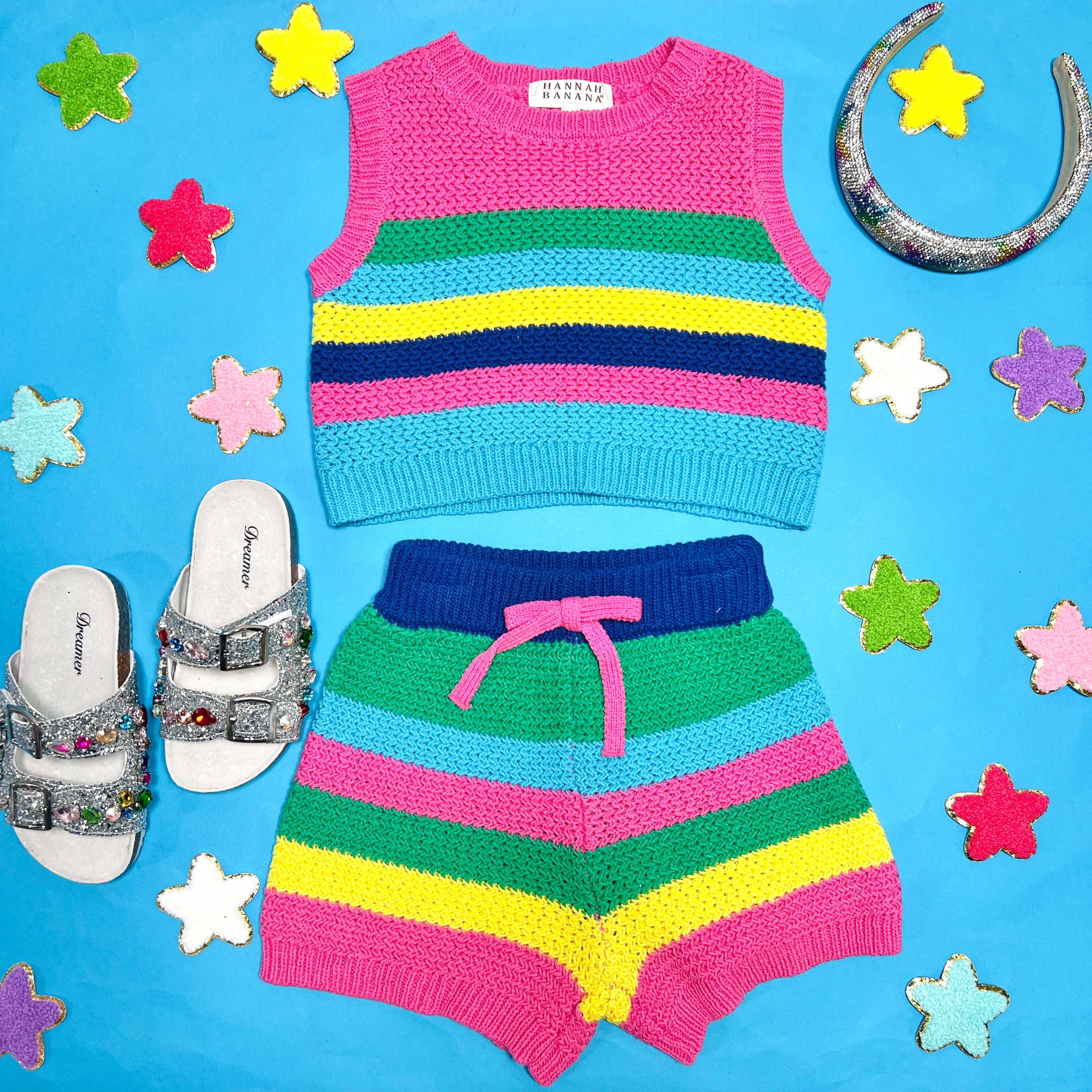 Stylish Striped Crochet Tank and Shorts Set for Women - Summer Beach Outfit, Casual Boho Chic Look