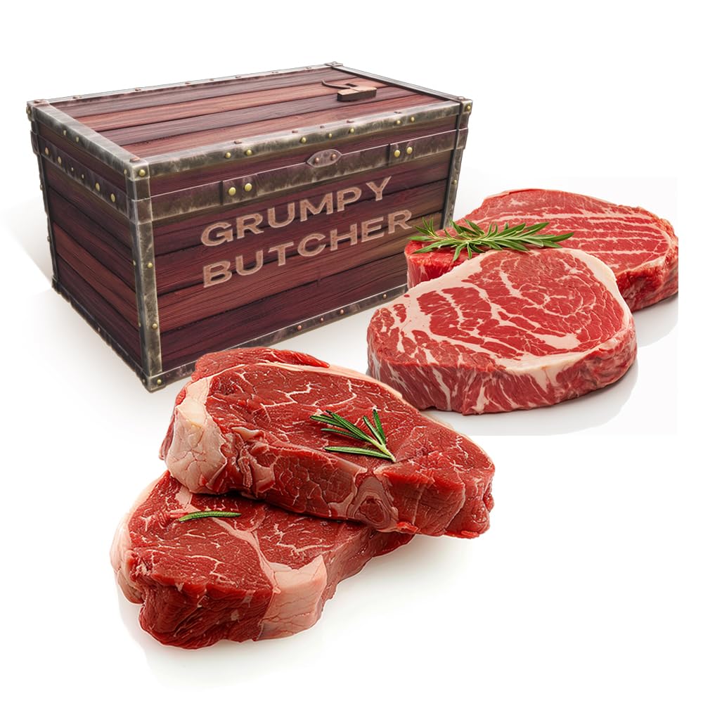 Grumpy Butcher Premium Steak Gift Box - 2 Ribeye Steaks (14 oz each) & 2 Top Sirloin Steaks (6 oz each) | Gourmet Beef Gift Set for BBQ, Dinner Parties & Special Occasions | Carne Asada Meat Selection