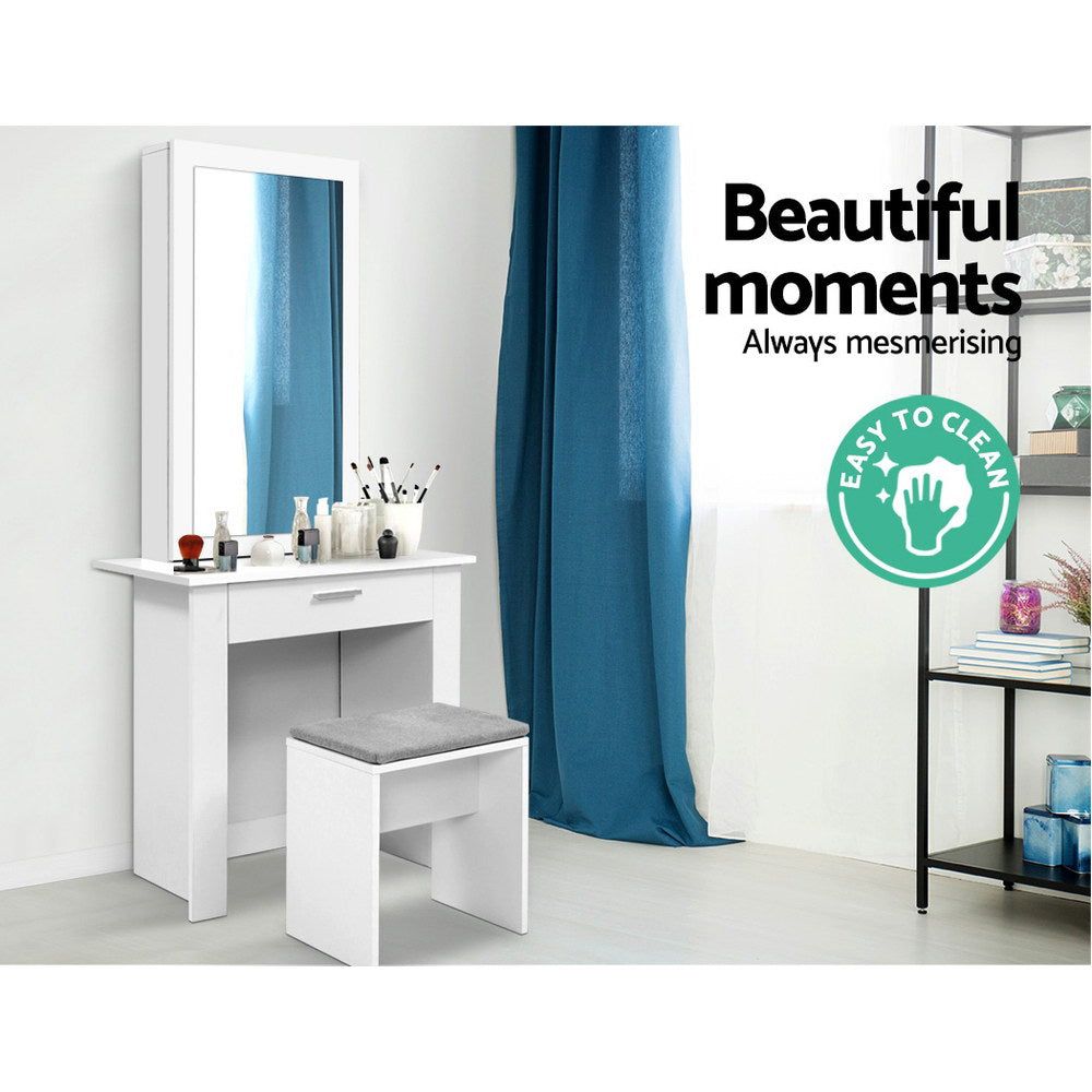 Artiss White Sliding Mirror Dressing Table Stool Set - Vanity Stool with Adjustable Mirror for Bedroom, Bathroom & Makeup Area