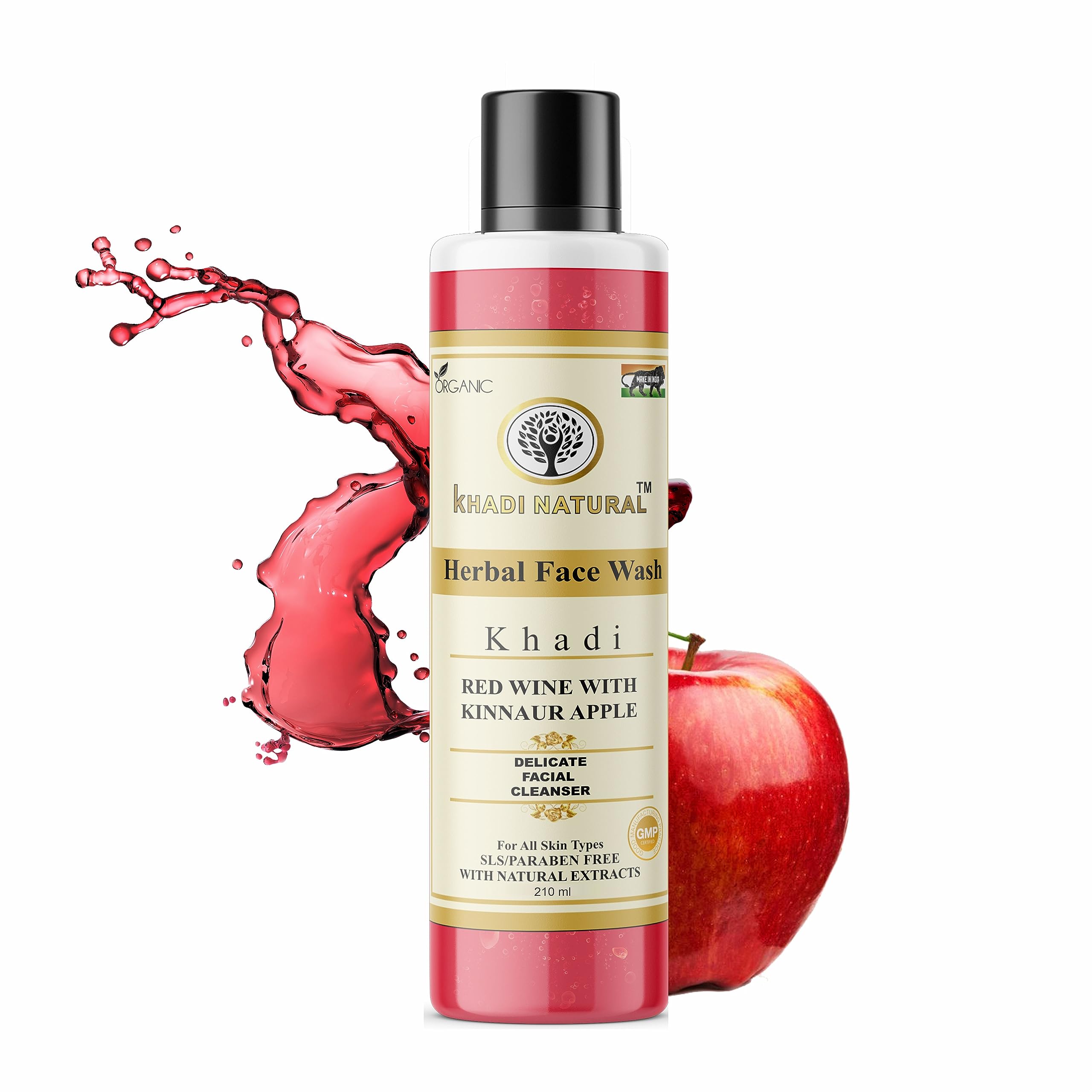 KHADI NATURAL 100% Pure Ayurvedic Herbal Red Wine with Kinnaur Apple Face Wash - 210ml | SLS & Paraben Free | Gentle Cleansing for Glowing Skin | Perfect for Daily Skincare Routine & Sensitive Skin Types