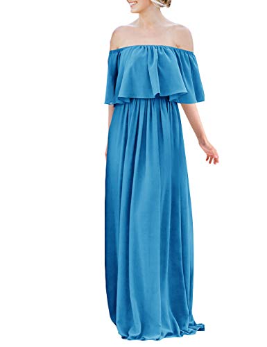 JAEDEN Long Chiffon Bridesmaid Dress - Off Shoulder Ruffled Wedding Guest Dress in Ocean Blue | Perfect for Beach Weddings, Formal Events & Special Occasions