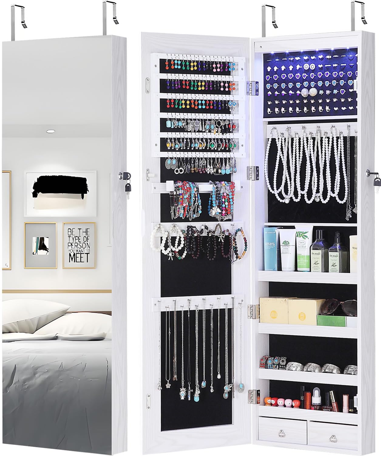 GISSAR Full Length Mirror Jewelry Cabinet with 6 LED Lights - Wall Mounted or Over The Door Hanging Jewelry Armoire - Lockable White Jewelry Organizer Storage for Bedroom, Closet & Dressing Room