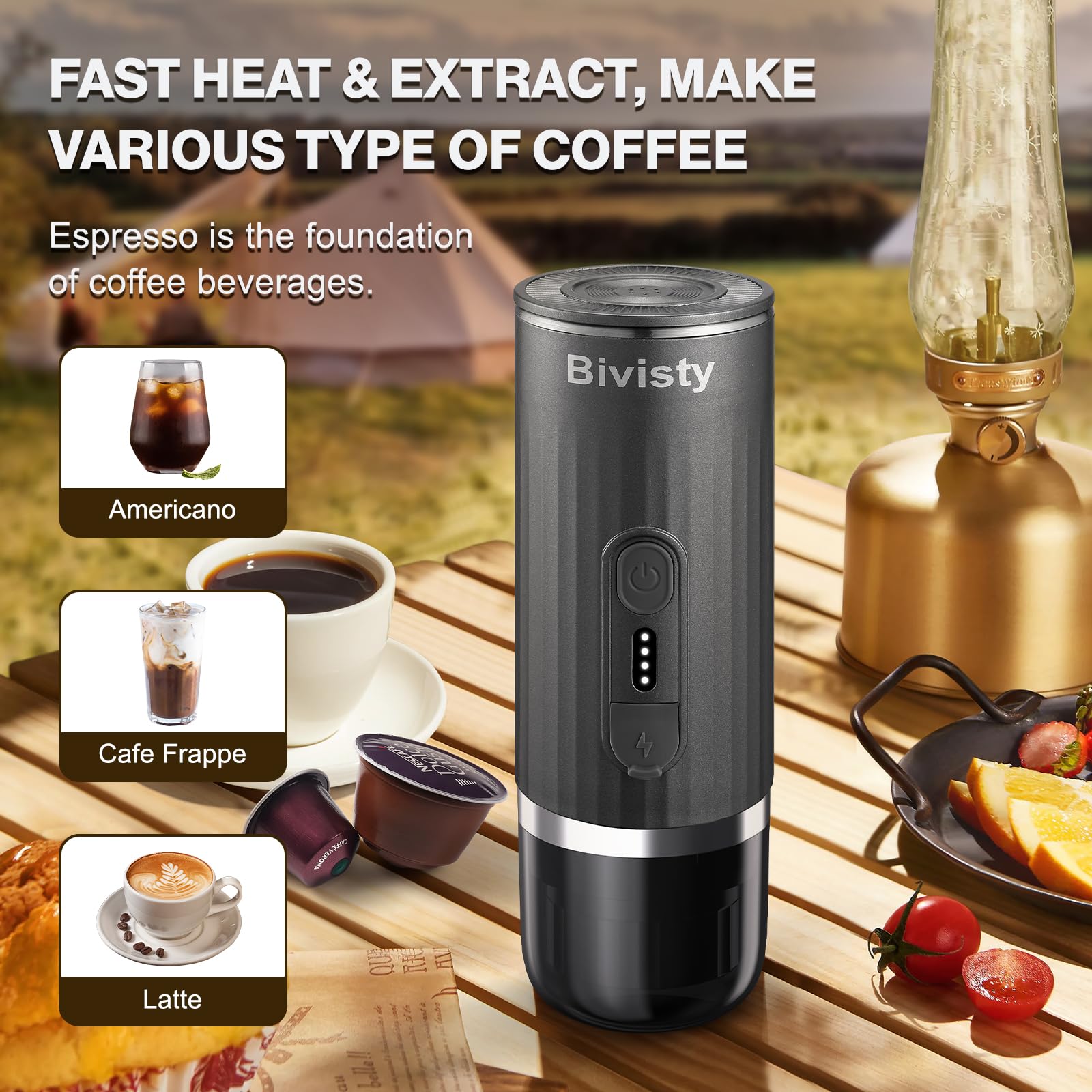 Portable Espresso Maker - Wireless Self-Heating Travel Coffee Machine with 80ml Water Tank, Compatible with Nespresso & Dolce Gusto Ground Coffee - Perfect for Camping, Hiking, Office & Outdoor Adventures (Grey)