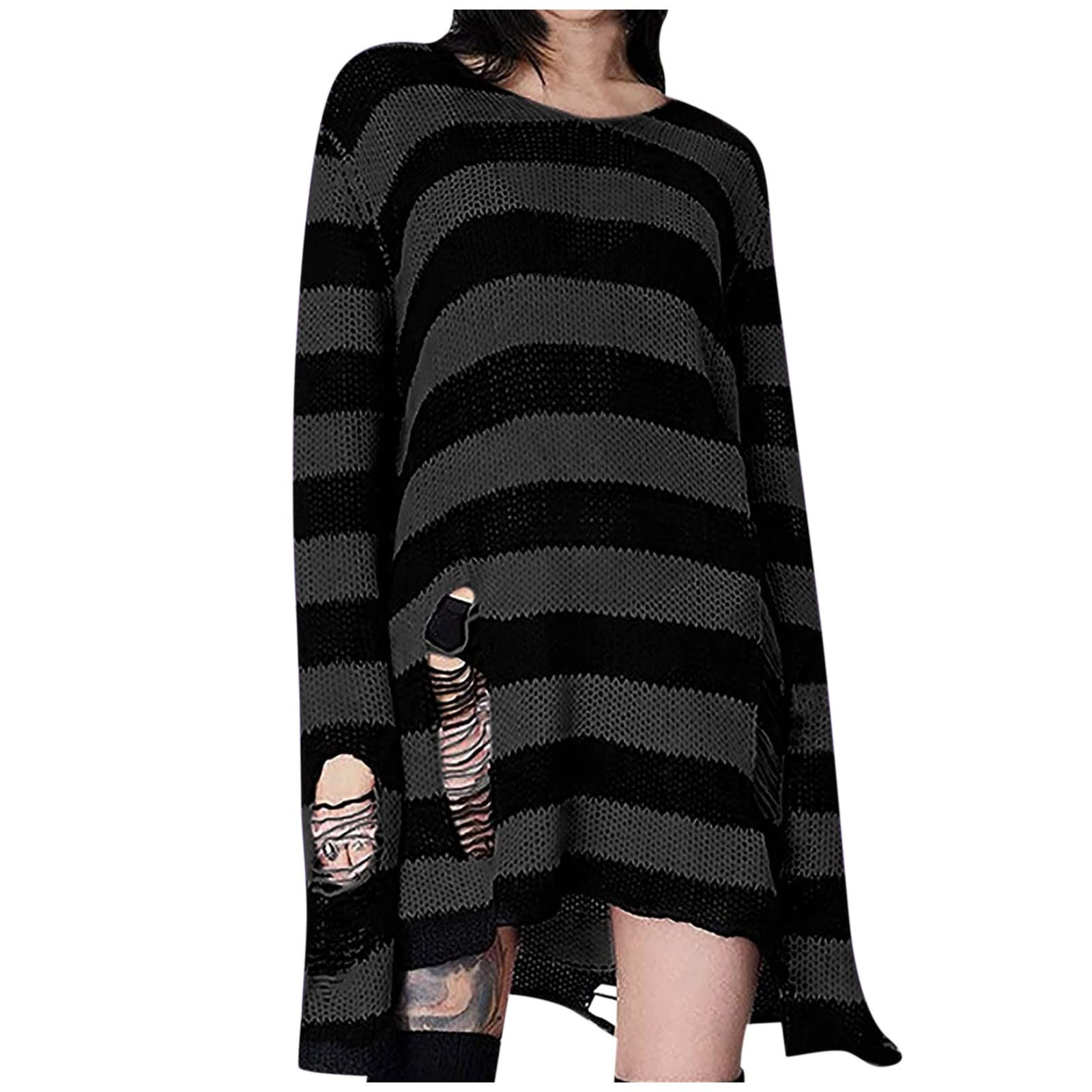 Gothic Punk Sweater for Women - Long Hollow Out Knit Cardigan with Distressed Hole Details | Perfect for Layering, Casual Outfits, and Gothic Fashion Styles