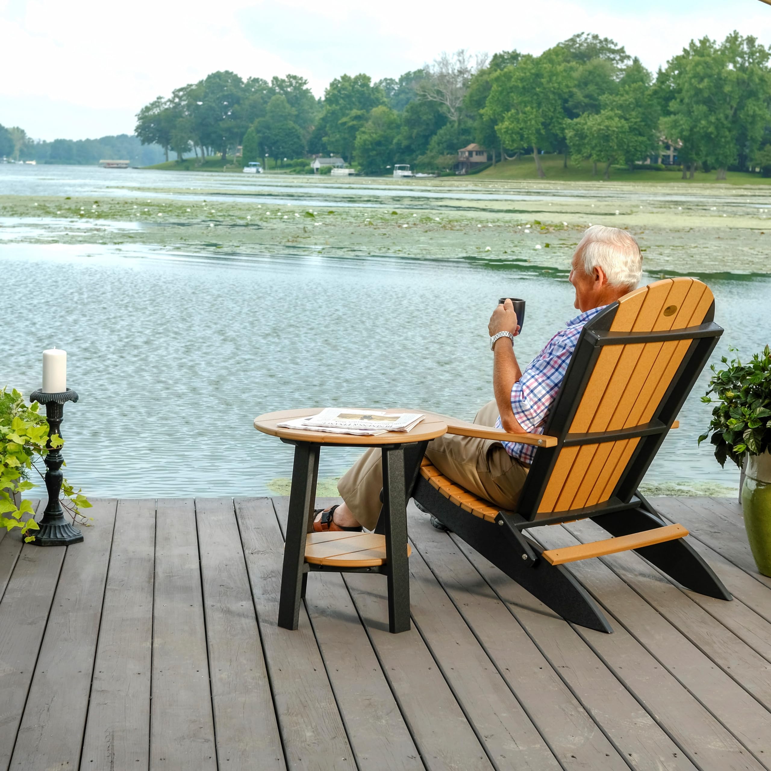 Premium Poly Lumber Outdoor End Table - Cedar & Black - Weather-Resistant Patio Furniture for Garden, Deck, Poolside - Made in USA