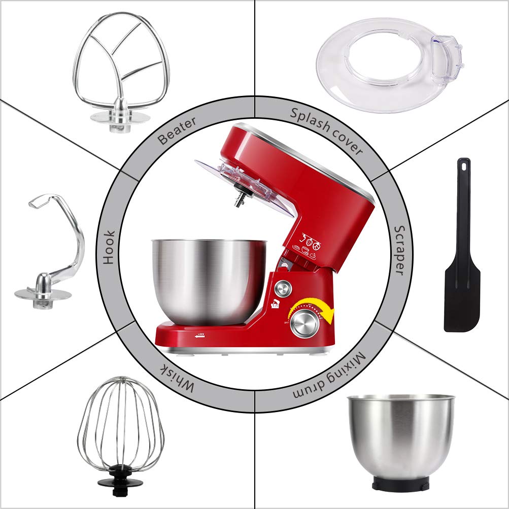 CUSIMAX 5-QT Stand Mixer with Stainless Steel Bowl - Tilt-Head Electric Kitchen Mixer with Dough Hook, Beater & Whisk - Splash Guard - Red - Perfect for Baking Cakes, Cookies & Bread Dough