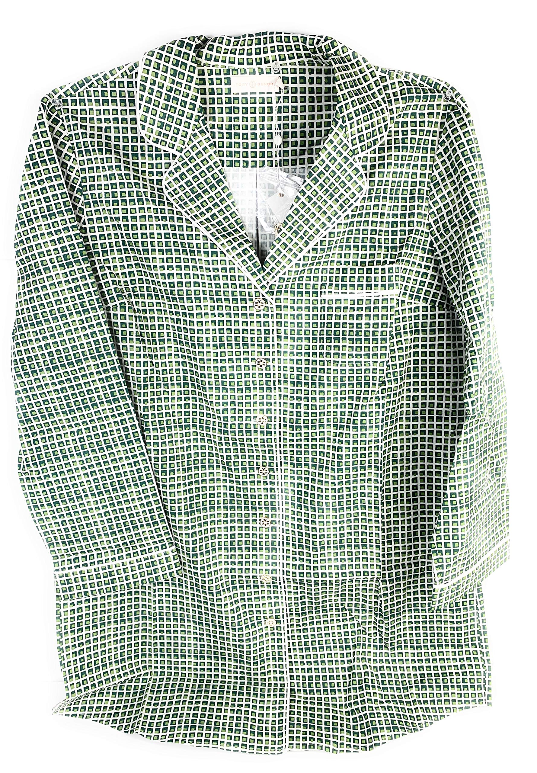 Tory Burch Women's Mireille Green Geometric Print Pajama Set with Matching Small Bag – Soft Sleepwear for Lounge & Travel