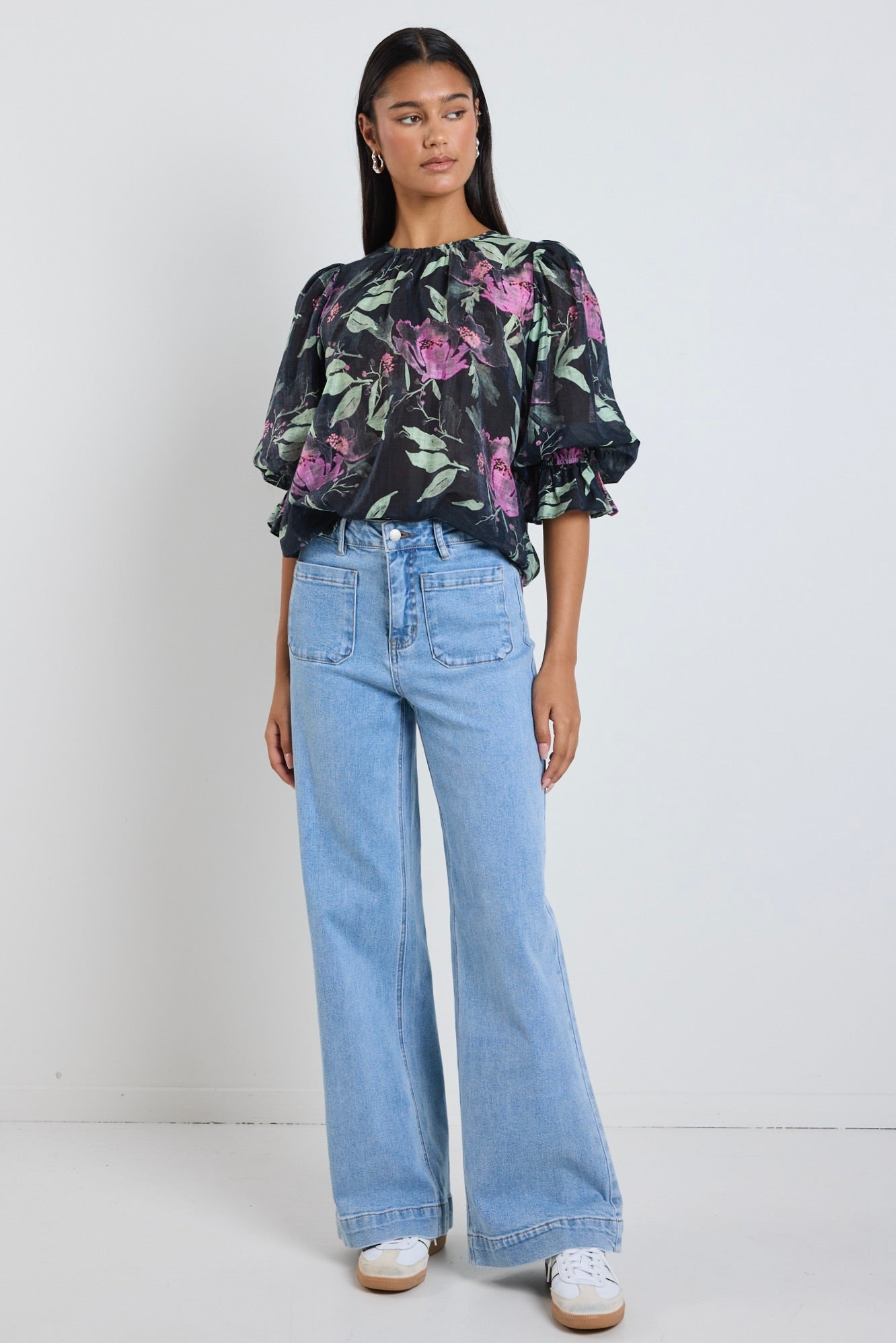 Stylish Petrol Lilac Floral Print Crew Neck Mid Sleeve Blouse for Women | Casual Summer Tops | Perfect for Office Wear, Date Nights & Weekend Outings