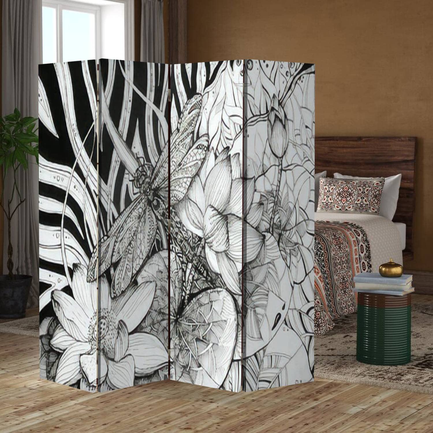 Elegant Wooden Room Divider with Lotus & Dragonfly Design - 4-Panel Folding Privacy Screen, Dual-Sided Canvas Partition for Home Decor, Office, Bedroom & Living Room Spaces