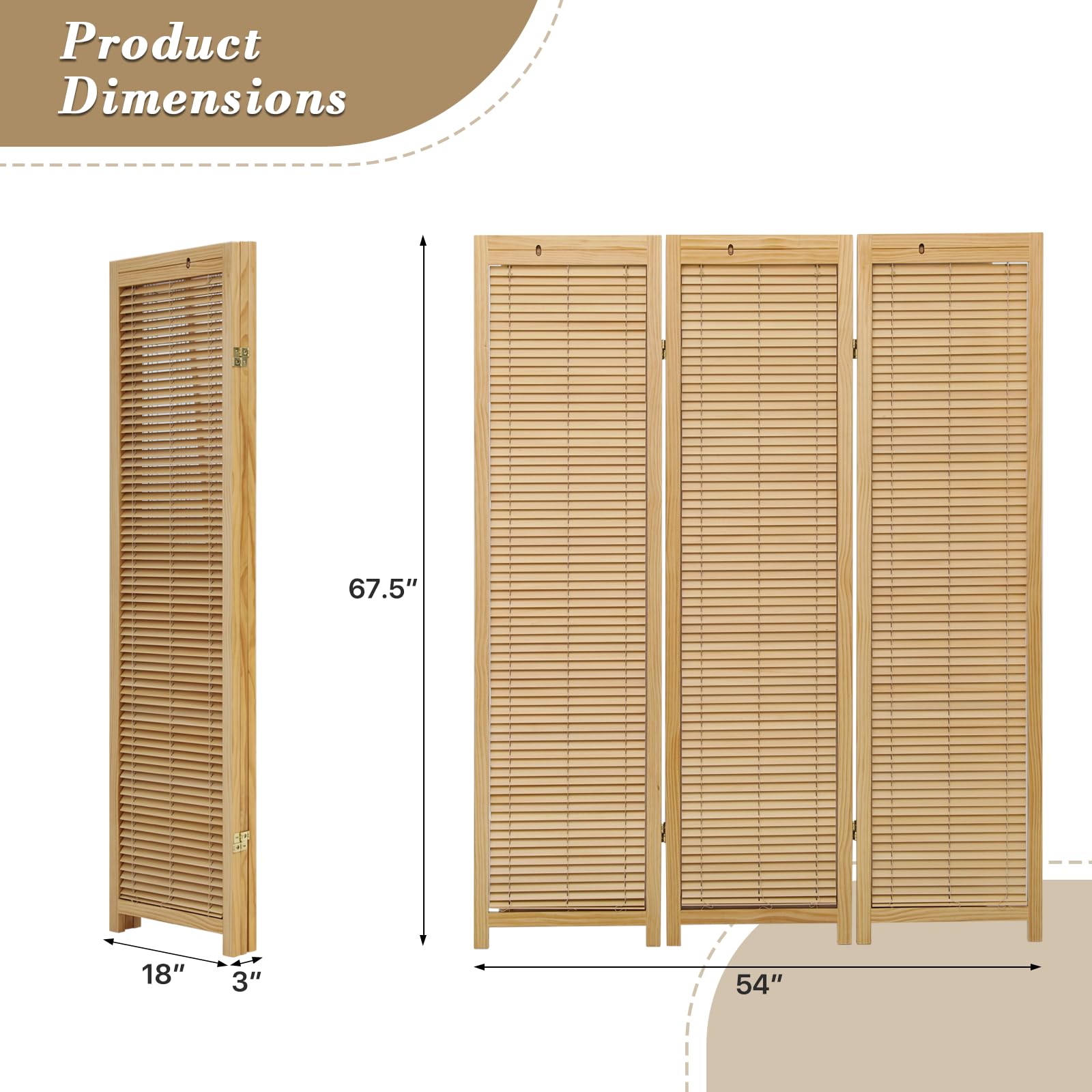 3 Panel Wood Room Divider - 5.7ft Adjustable Folding Privacy Screen with Shutter Design, Freestanding Partition for Bedroom, Office & Living Room - Natural Finish for Home Decor & Space Separation