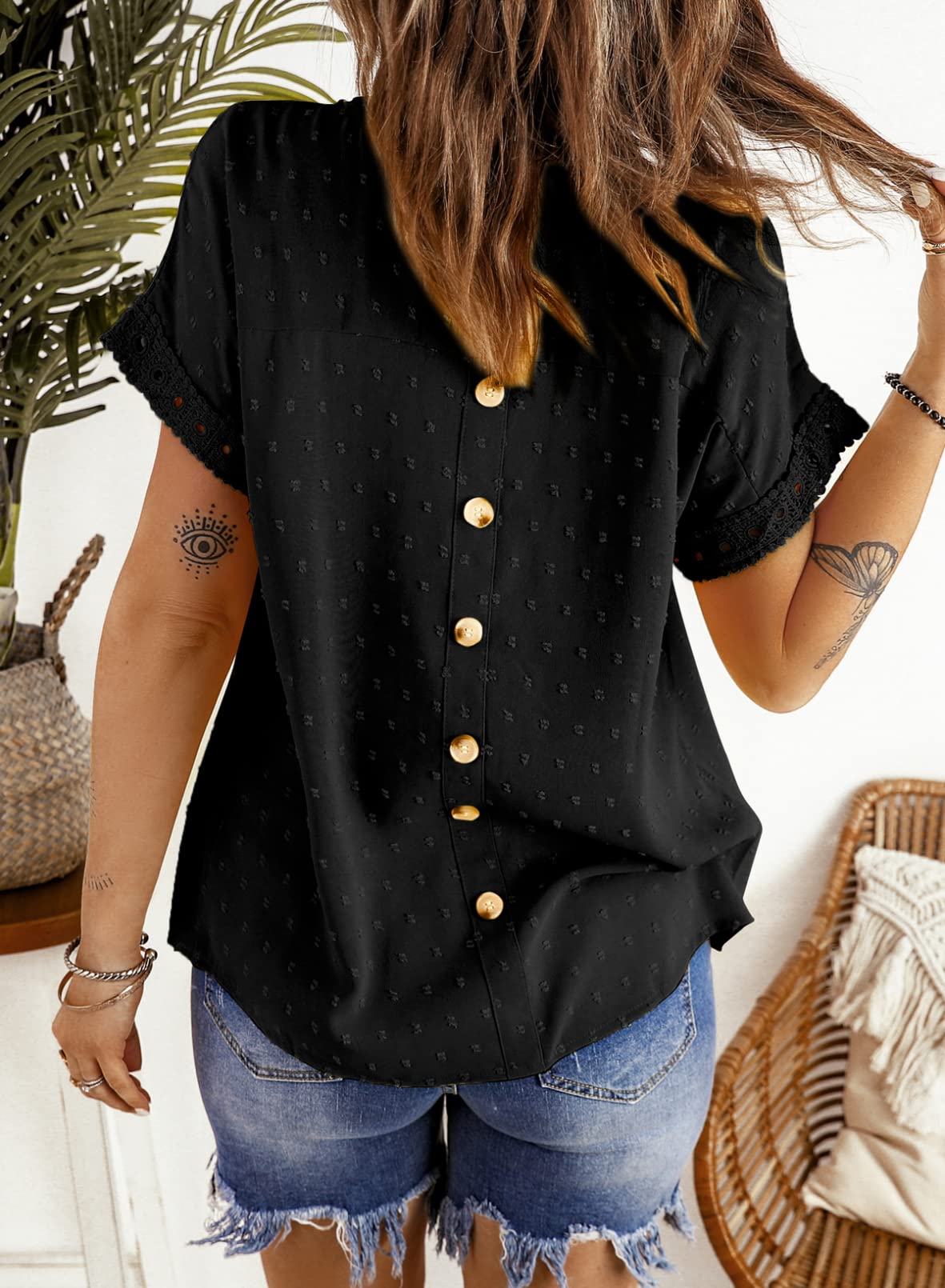 Dokotoo Women's Summer Tops - Lace Crochet Crewneck Short Sleeve Shirts, Casual Chiffon Blouses for Beach, Vacation & Everyday Wear