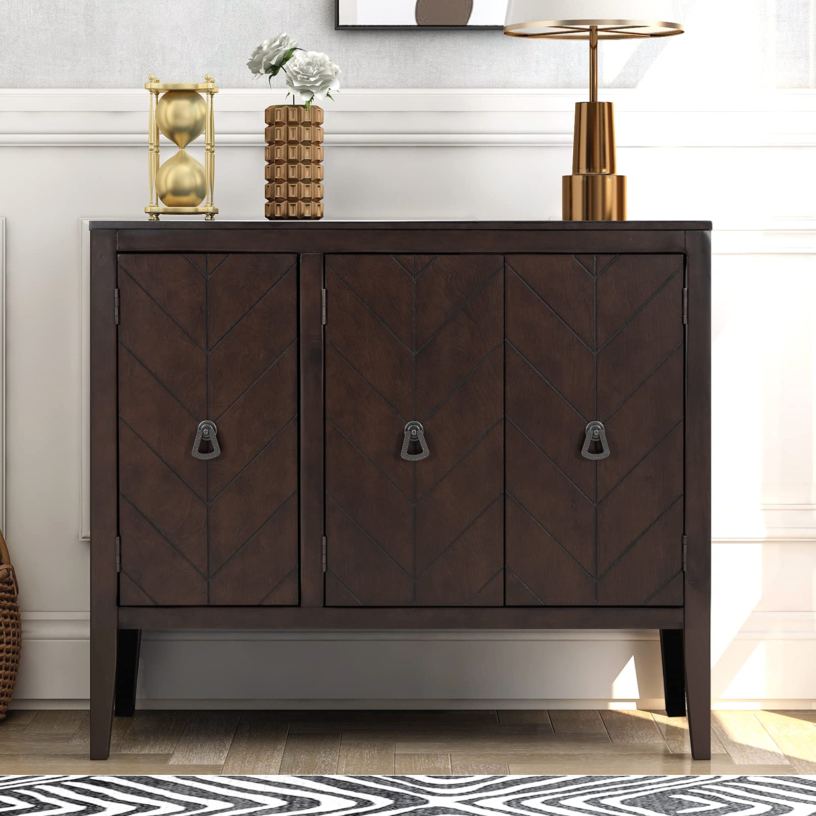 Antique Wooden Buffet Cabinet with Storage - Adjustable Shelves & 3 Doors with Anti-Skid Handles - Entryway, Living Room & Bedroom Sideboard - Perfect for Dining Room Storage & Home Decor (Brown)